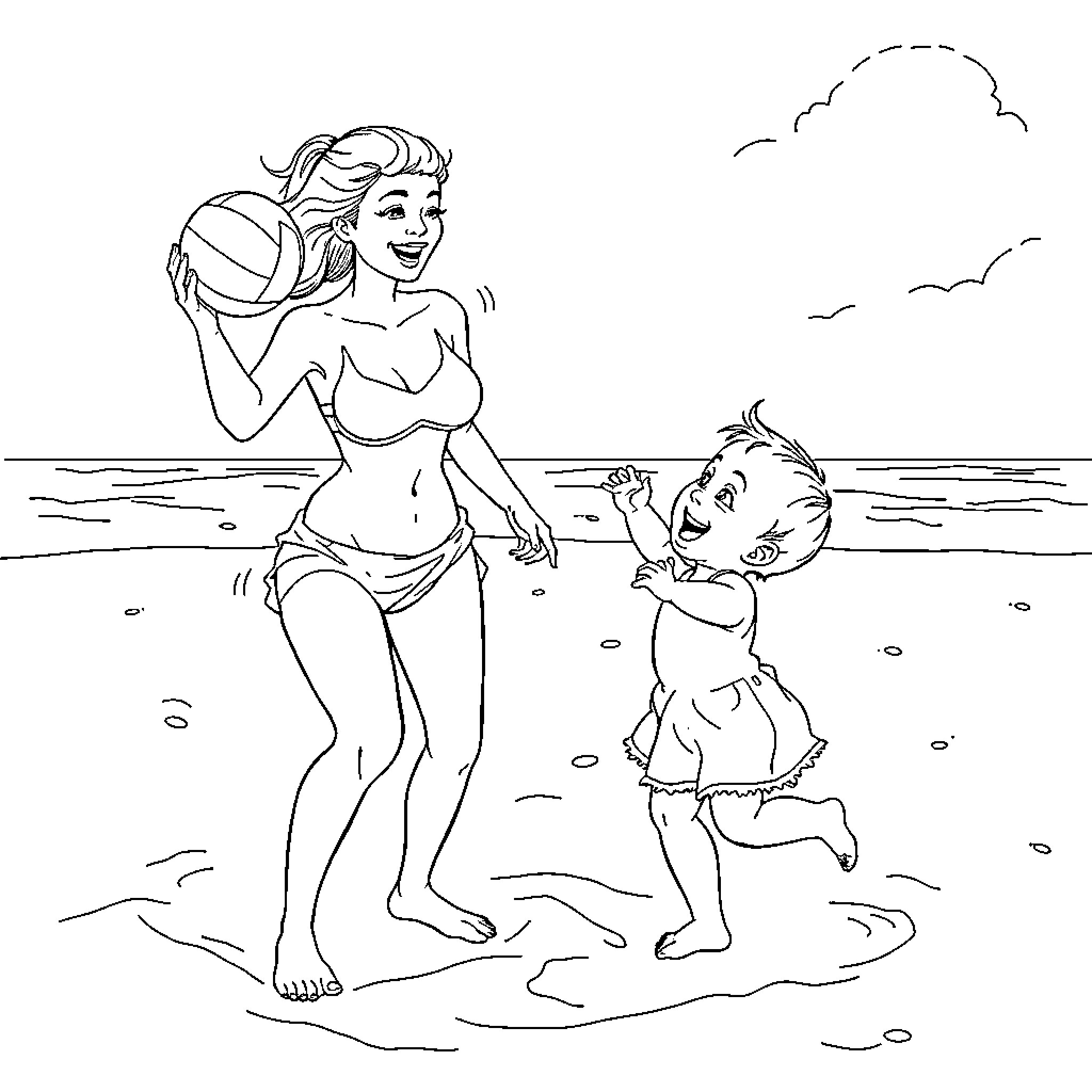 Woman playing with child on beach Coloring Page (free black-and-white line drawing printable PDF for all, from beginners to advanced learners, including children, teens, adults, and seniors)