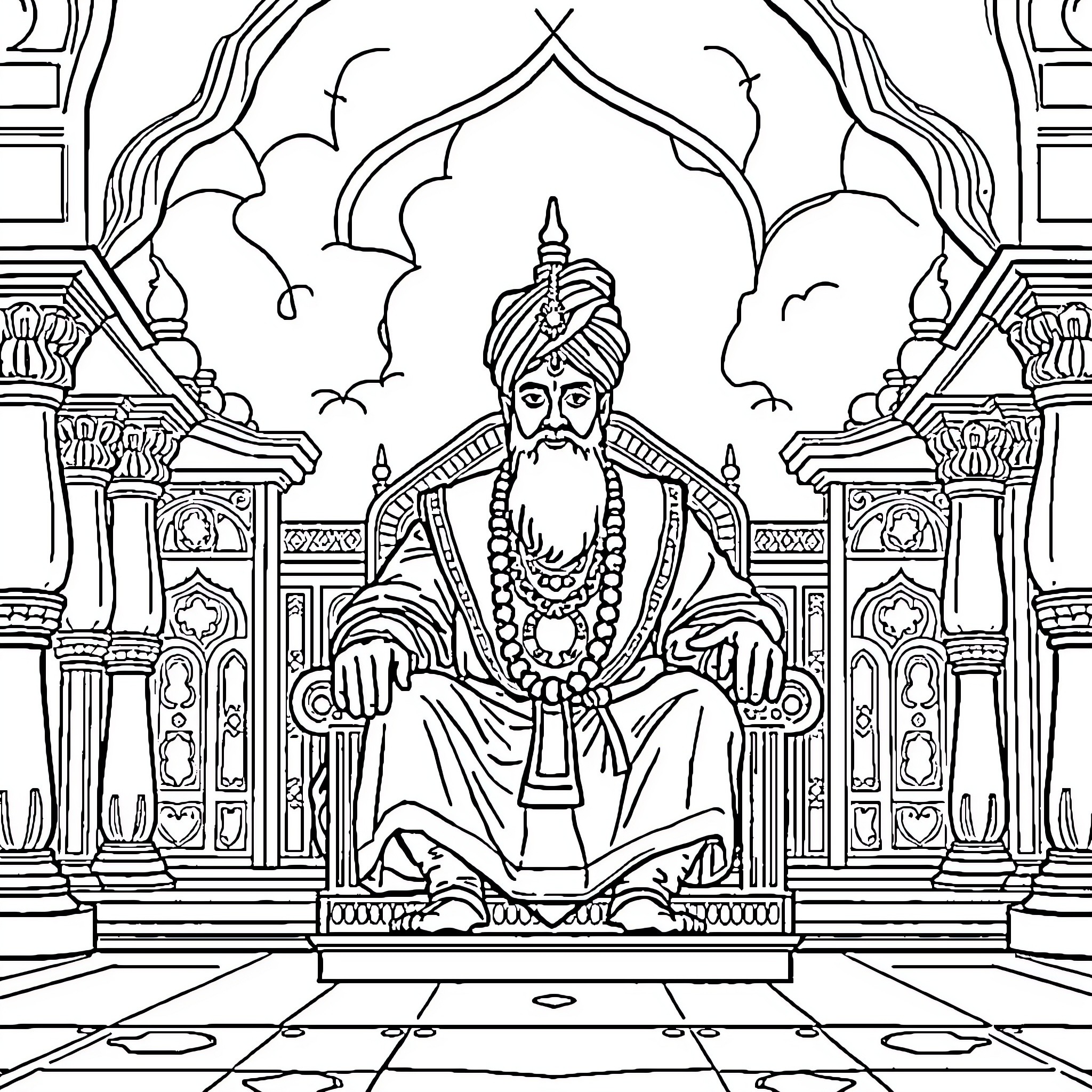 Akbar the Great in Royal Splendor Coloring Page (free black-and-white line drawing printable PDF for all, from beginners to advanced learners, including children, teens, adults, and seniors)