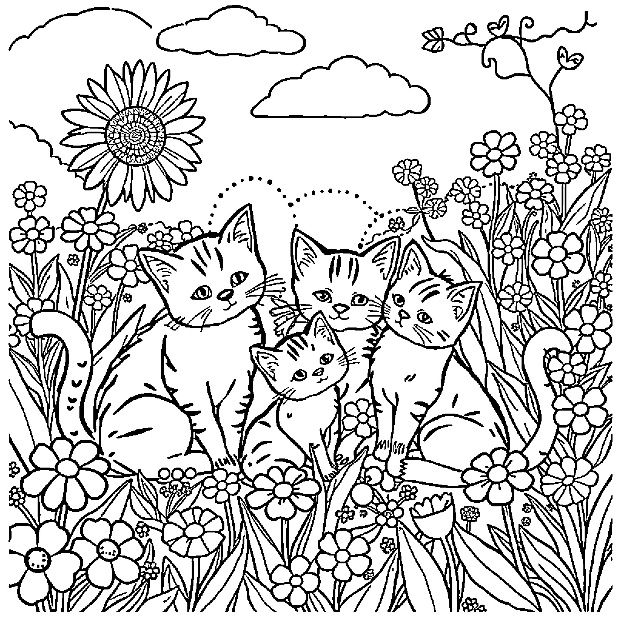 Cats in a floral garden Coloring Page (free black-and-white line drawing printable PDF for all, from beginners to advanced learners, including children, teens, adults, and seniors)