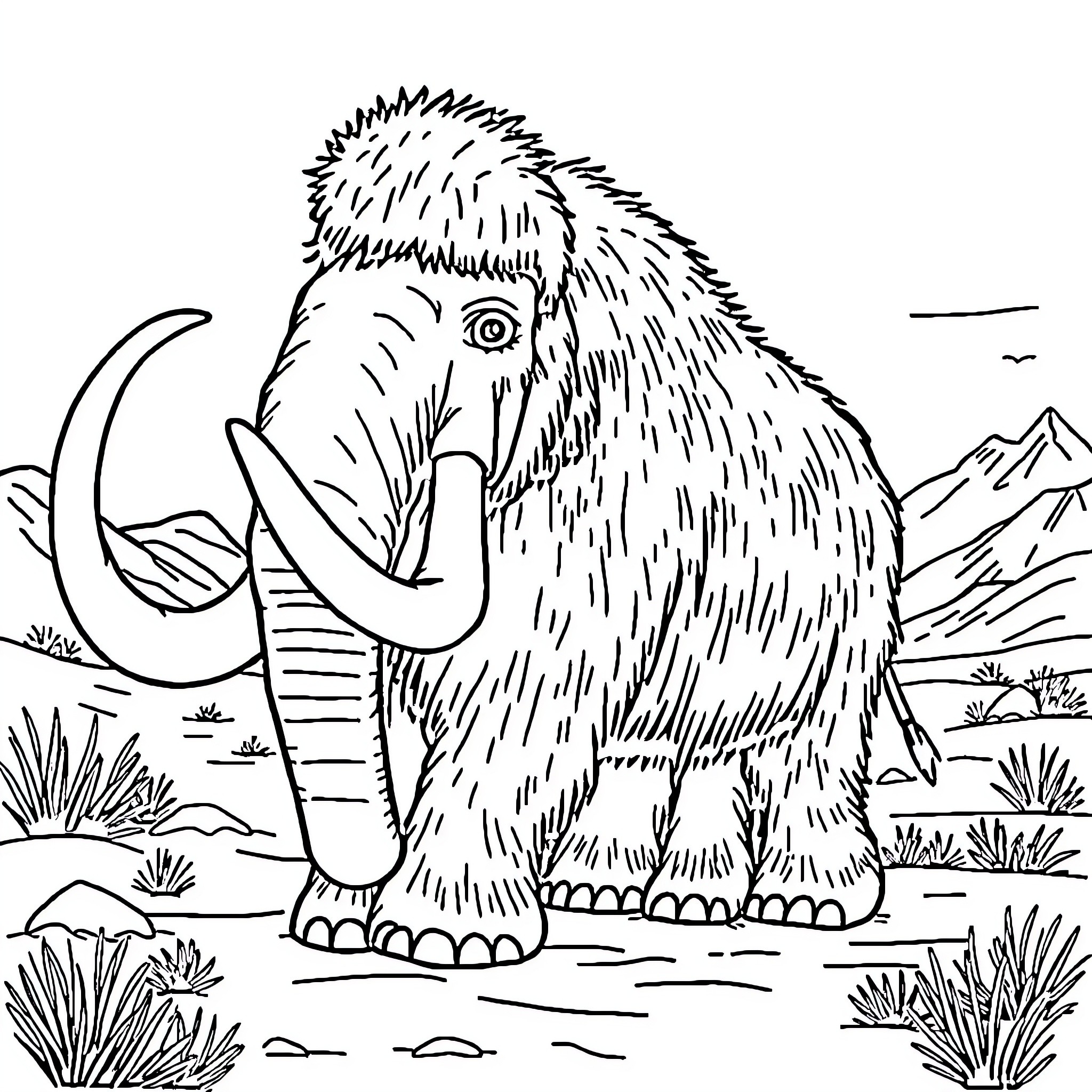 Woolly Mammoth walking in the prehistoric landscape Coloring Page (free black-and-white line drawing printable PDF for all, from beginners to advanced learners, including children, teens, adults, and seniors)