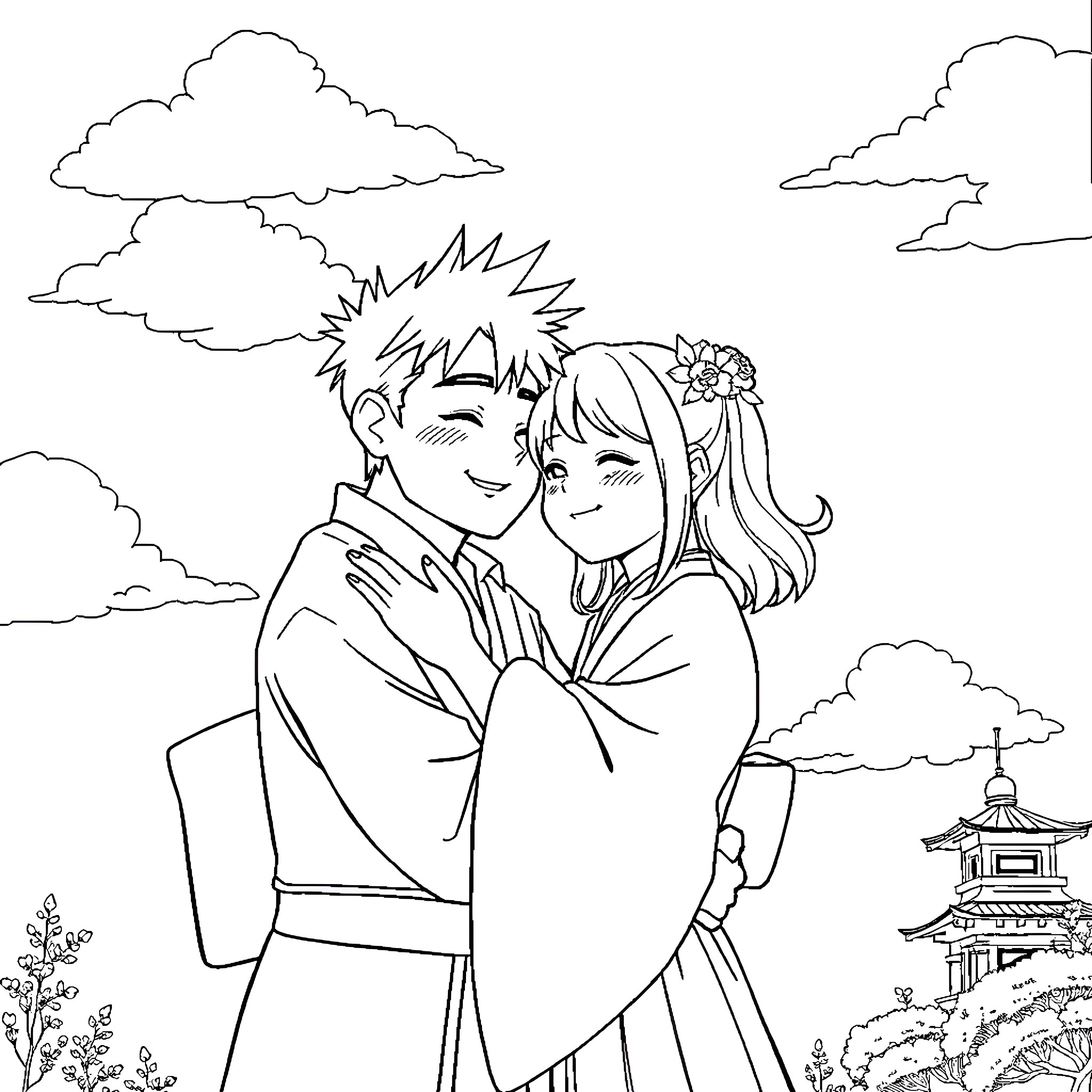 Tanjiro and Nezuko share a tender moment Coloring Page (free black-and-white line drawing printable PDF for all, from beginners to advanced learners, including children, teens, adults, and seniors)
