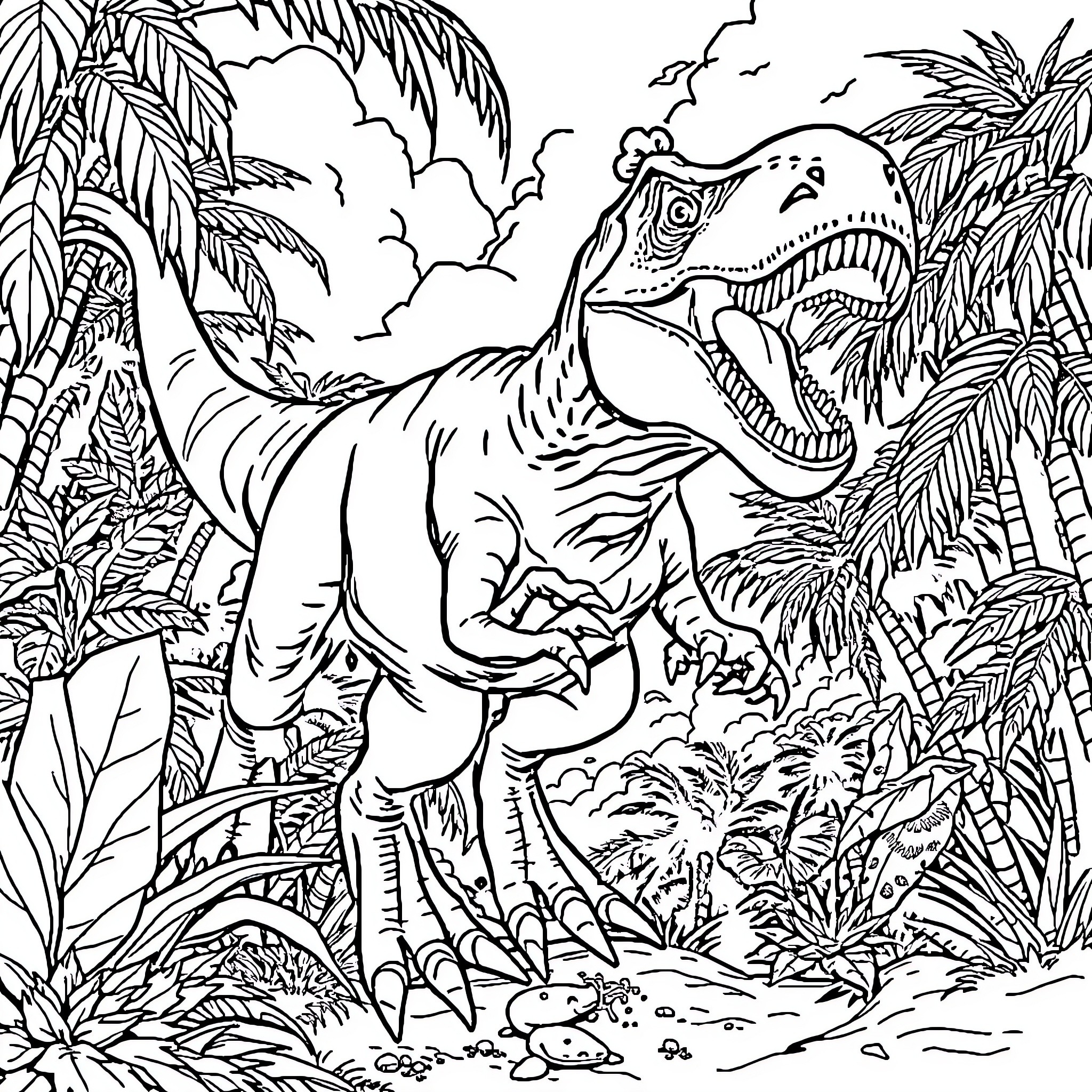 Indominus Rex Roars in Prehistoric Jungle Coloring Page (free black-and-white line drawing printable PDF for all, from beginners to advanced learners, including children, teens, adults, and seniors)