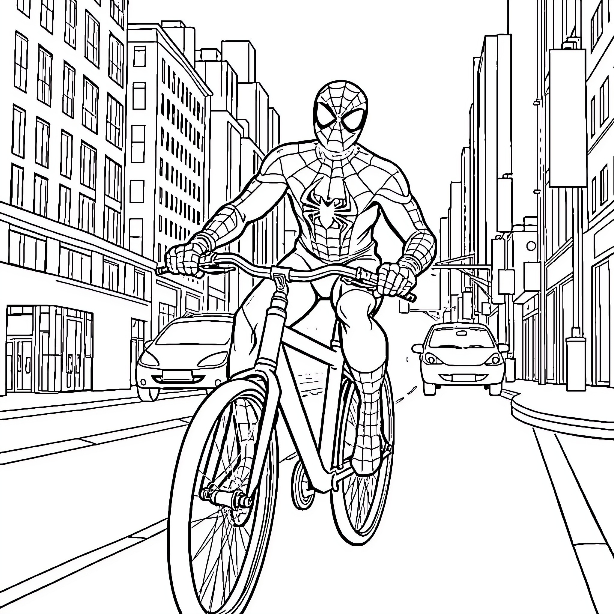 Spiderman biking through busy city streets Coloring Page (free black-and-white line drawing printable PDF for all, from beginners to advanced learners, including children, teens, adults, and seniors)