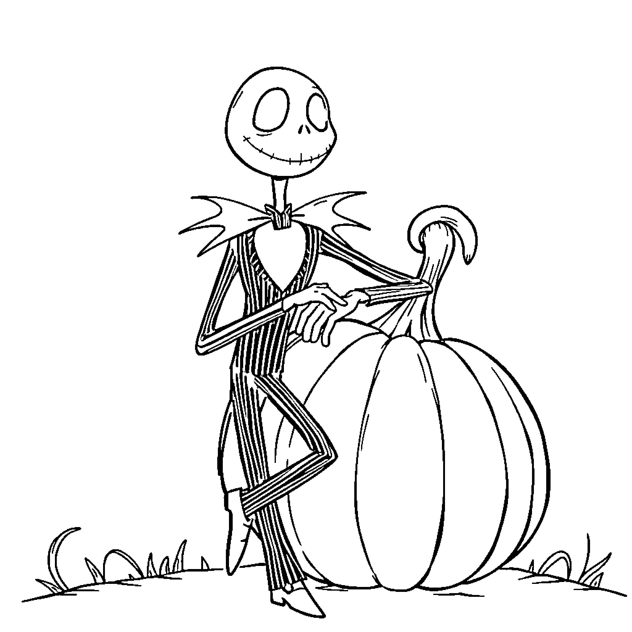 Jack Skeleton posing with a pumpkin Coloring Page (free black-and-white line drawing printable PDF for all, from beginners to advanced learners, including children, teens, adults, and seniors)