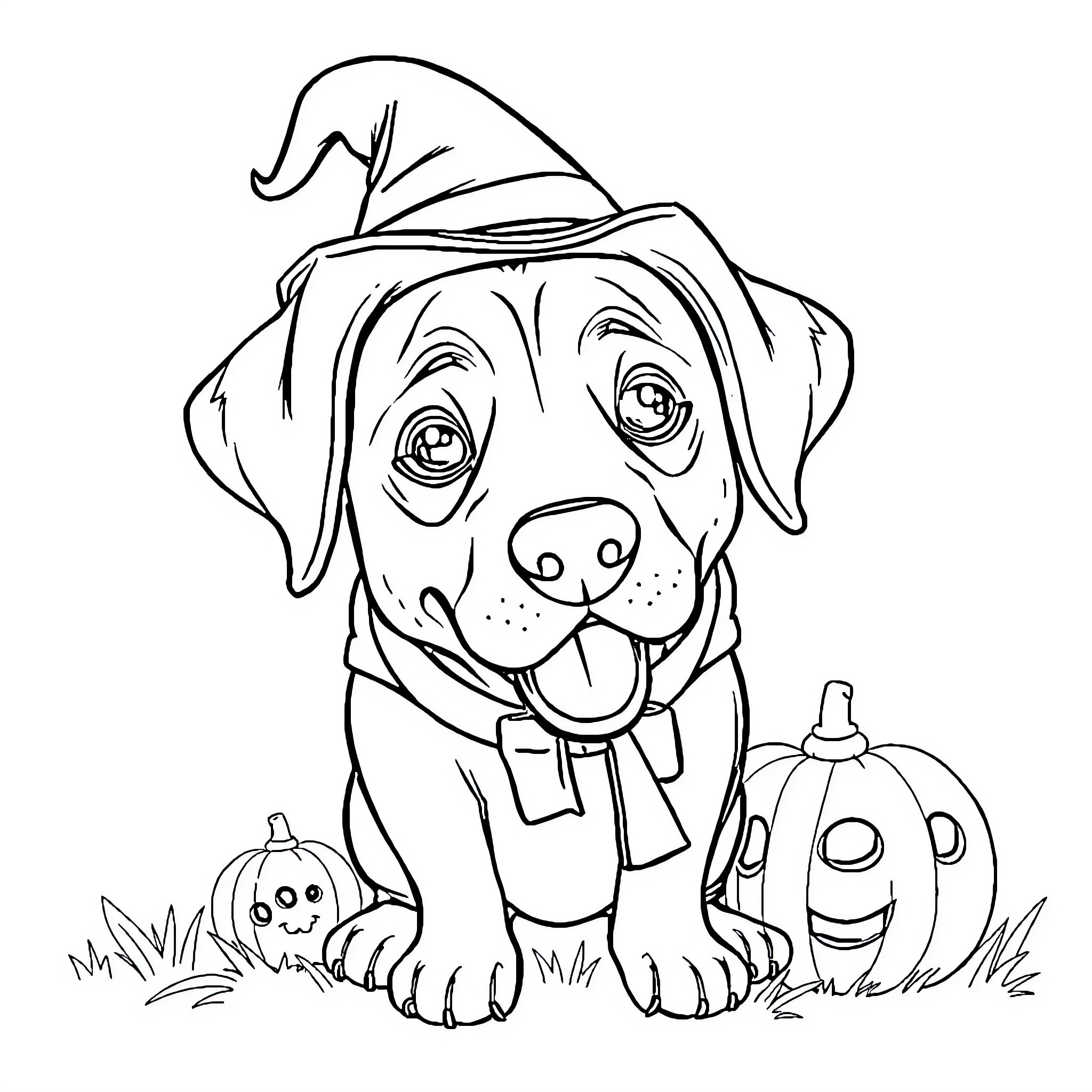 Lab Dog in Witch Hat and Autumn Scene Coloring Page (free black-and-white line drawing printable PDF for all, from beginners to advanced learners, including children, teens, adults, and seniors)