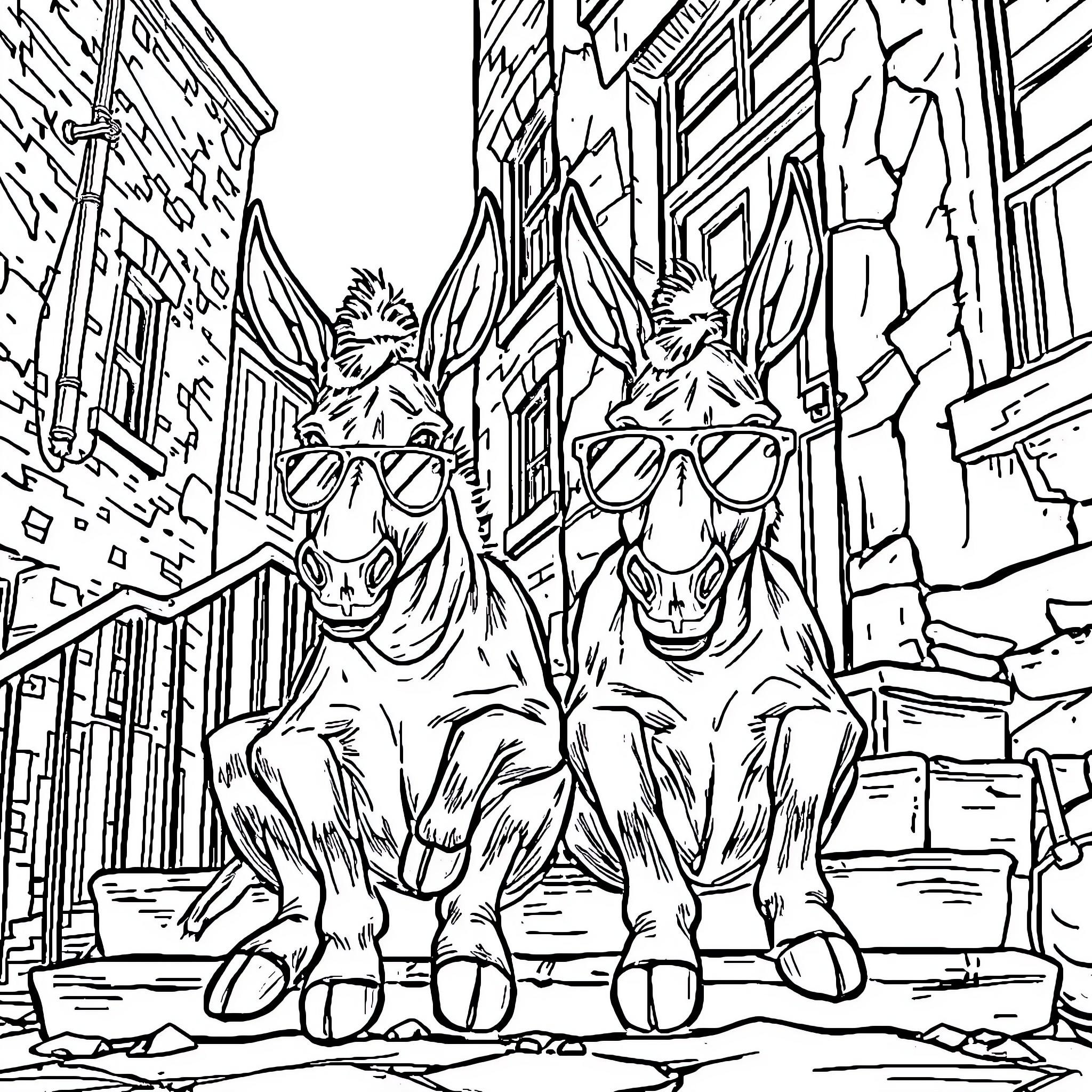 Donkeys relaxing on city steps with sunglasses Coloring Page (free black-and-white line drawing printable PDF for all, from beginners to advanced learners, including children, teens, adults, and seniors)