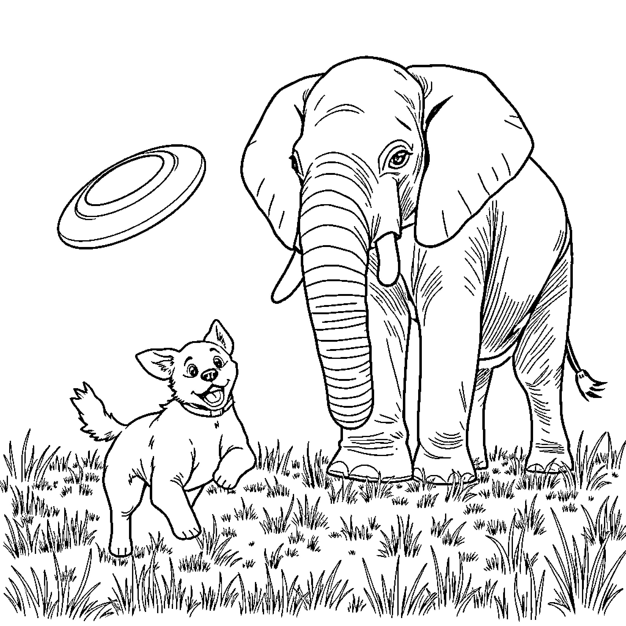 Dog and Elephant Playing with Frisbee in the Park Coloring Page (free black-and-white line drawing printable PDF for all, from beginners to advanced learners, including children, teens, adults, and seniors)