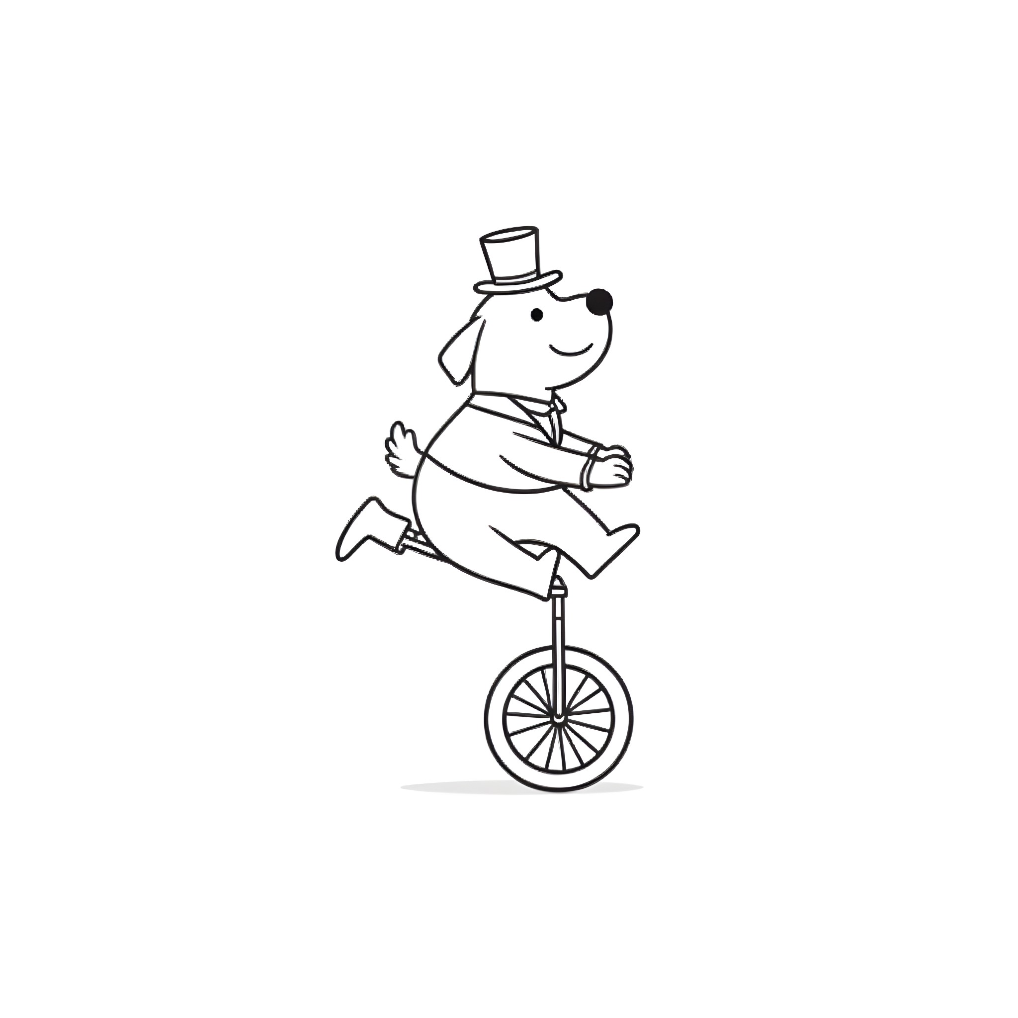 Dog riding unicycle in gentleman's attire Coloring Page (free black-and-white line drawing printable PDF for all, from beginners to advanced learners, including children, teens, adults, and seniors)