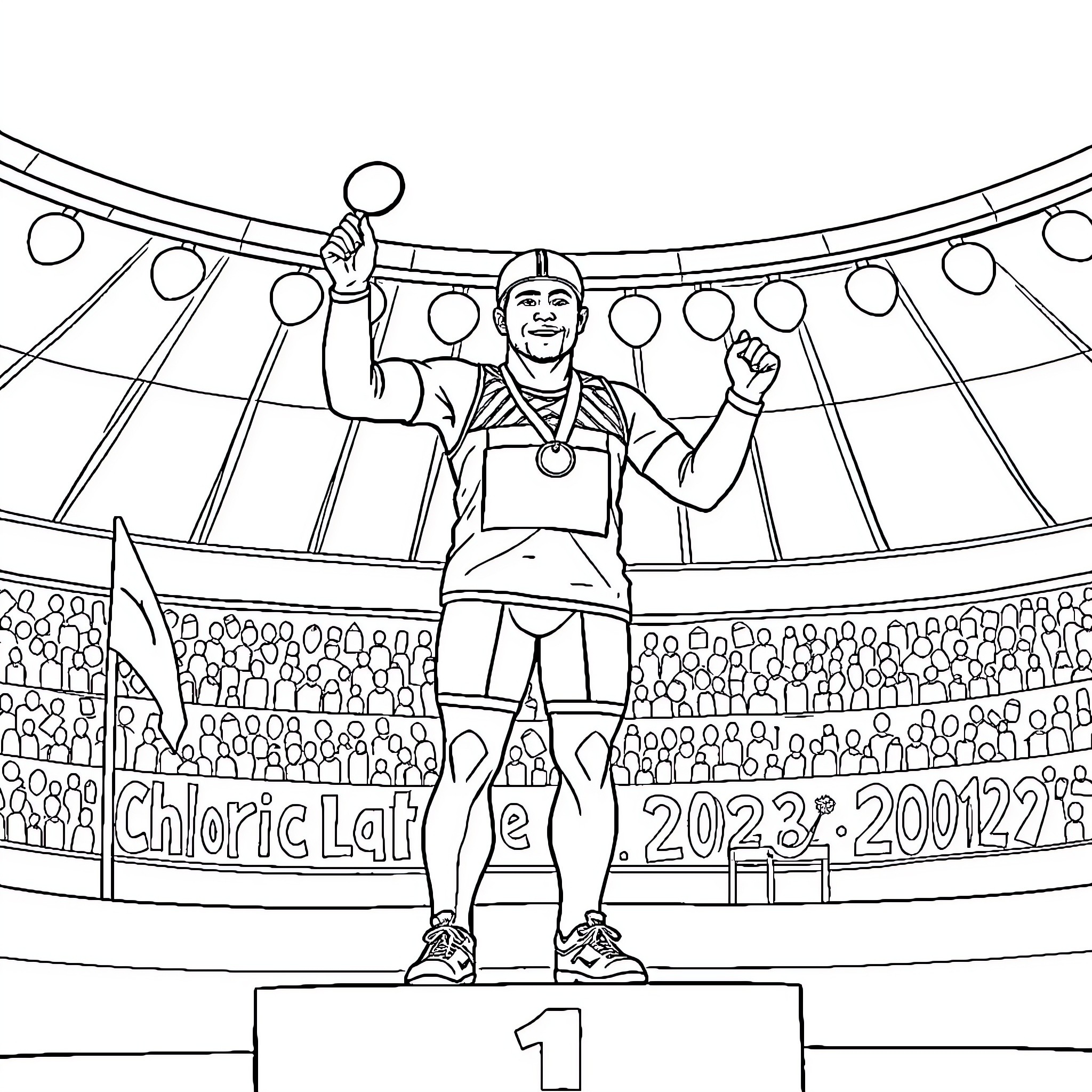 Athlete celebrating victory on the podium Coloring Page (free black-and-white line drawing printable PDF for all, from beginners to advanced learners, including children, teens, adults, and seniors)