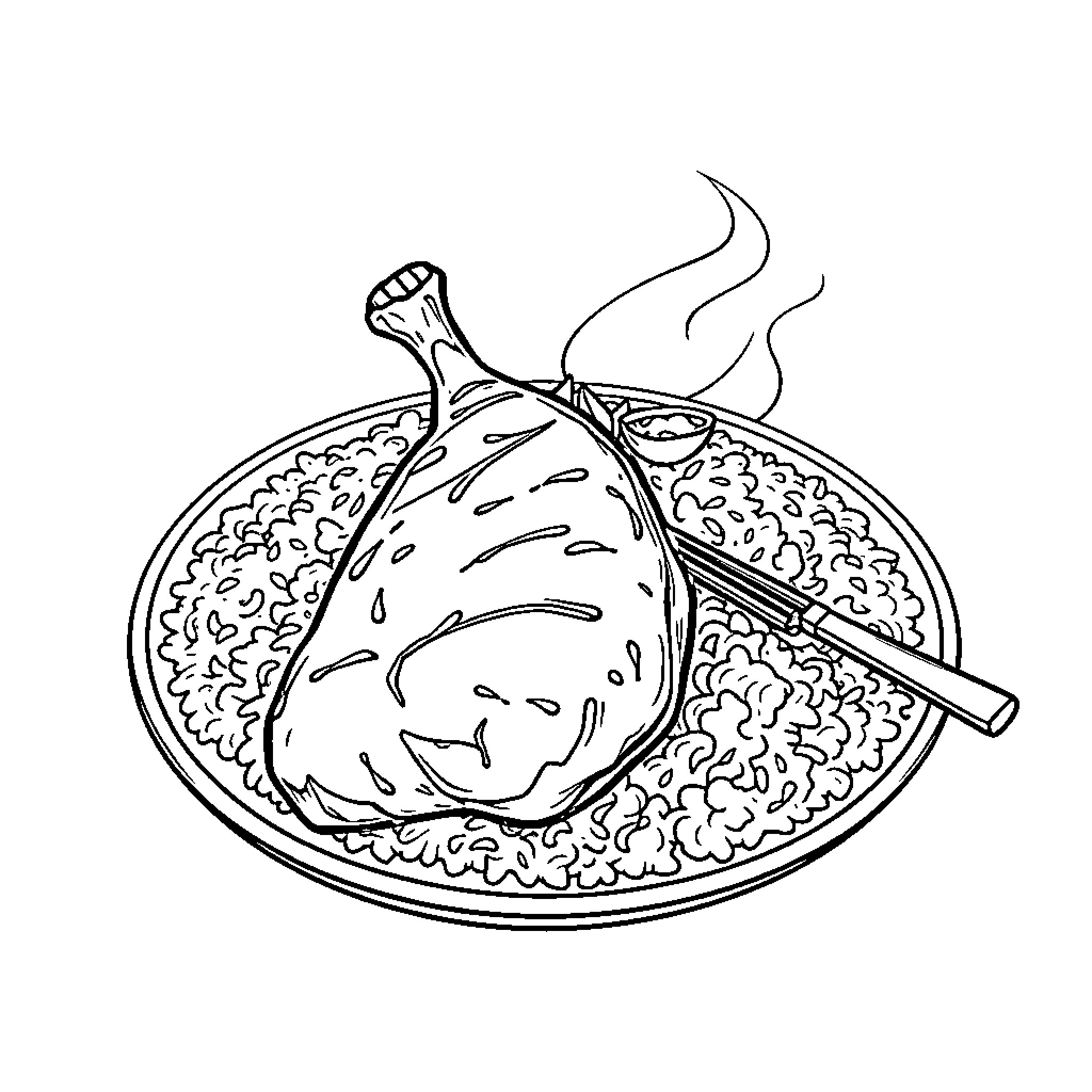 Chicken dish with steam and garnishes Coloring Page (free black-and-white line drawing printable PDF for all, from beginners to advanced learners, including children, teens, adults, and seniors)