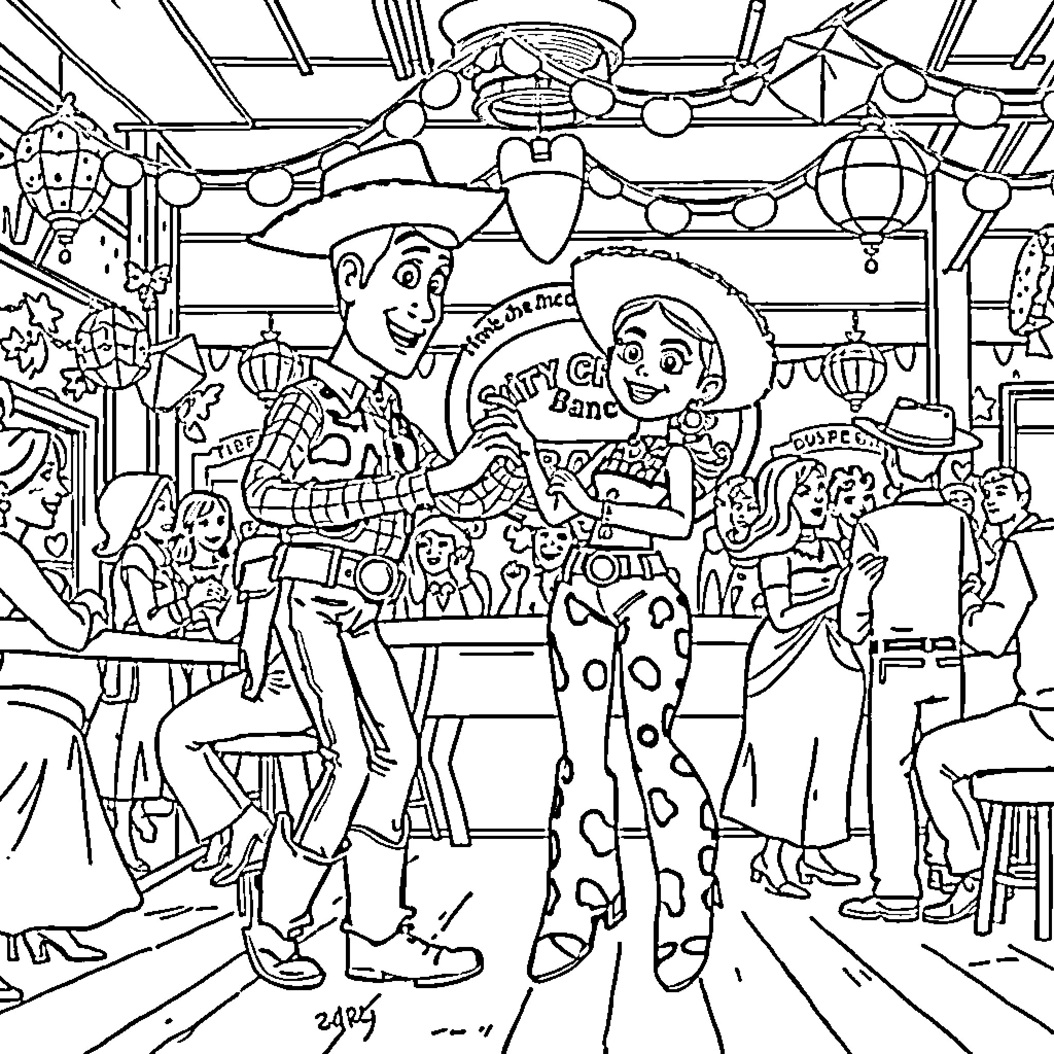Jessie and Woody enjoying a lively dance party Coloring Page (free black-and-white line drawing printable PDF for all, from beginners to advanced learners, including children, teens, adults, and seniors)