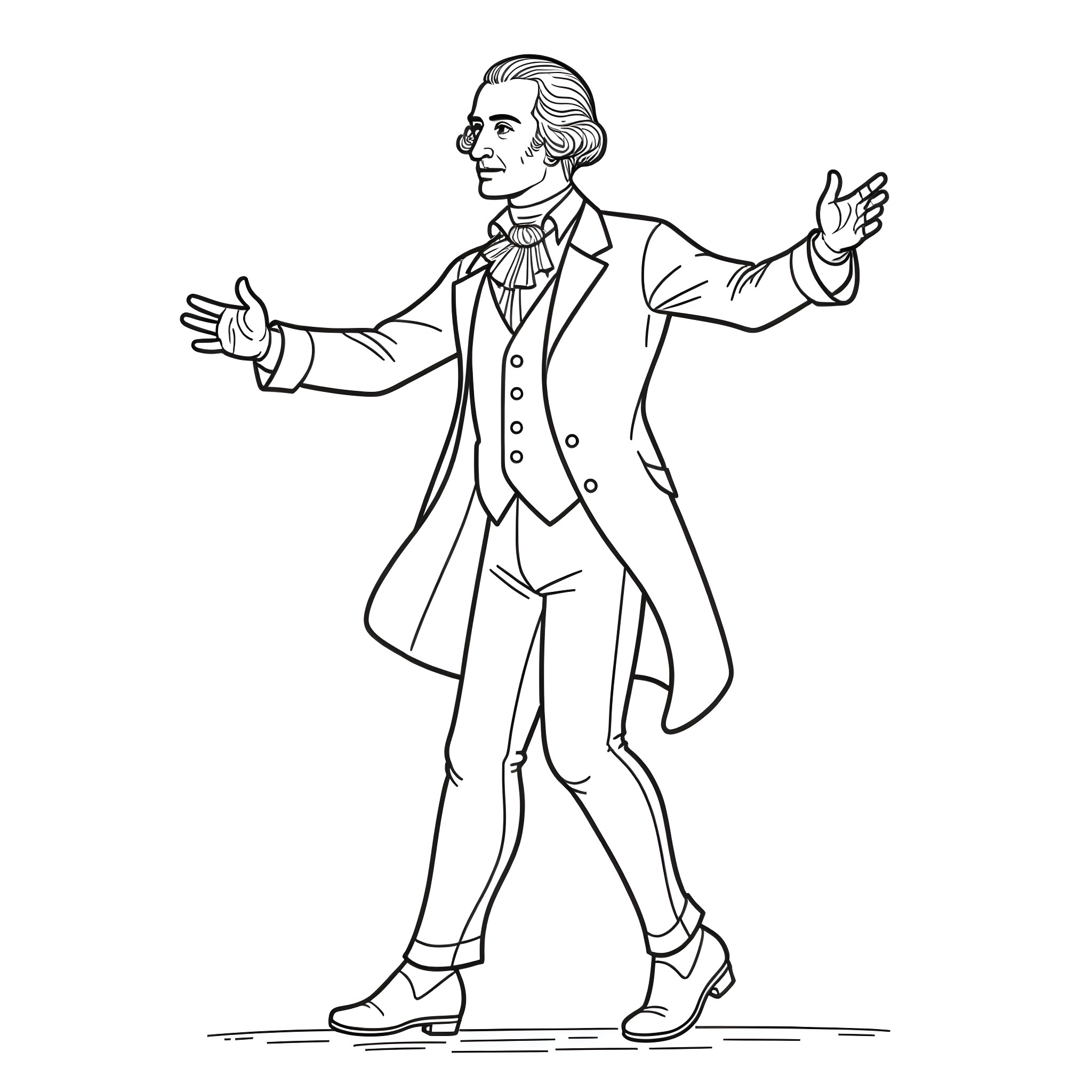 George Washington as a Lively Performer Coloring Page (free black-and-white line drawing printable PDF for all, from beginners to advanced learners, including children, teens, adults, and seniors)