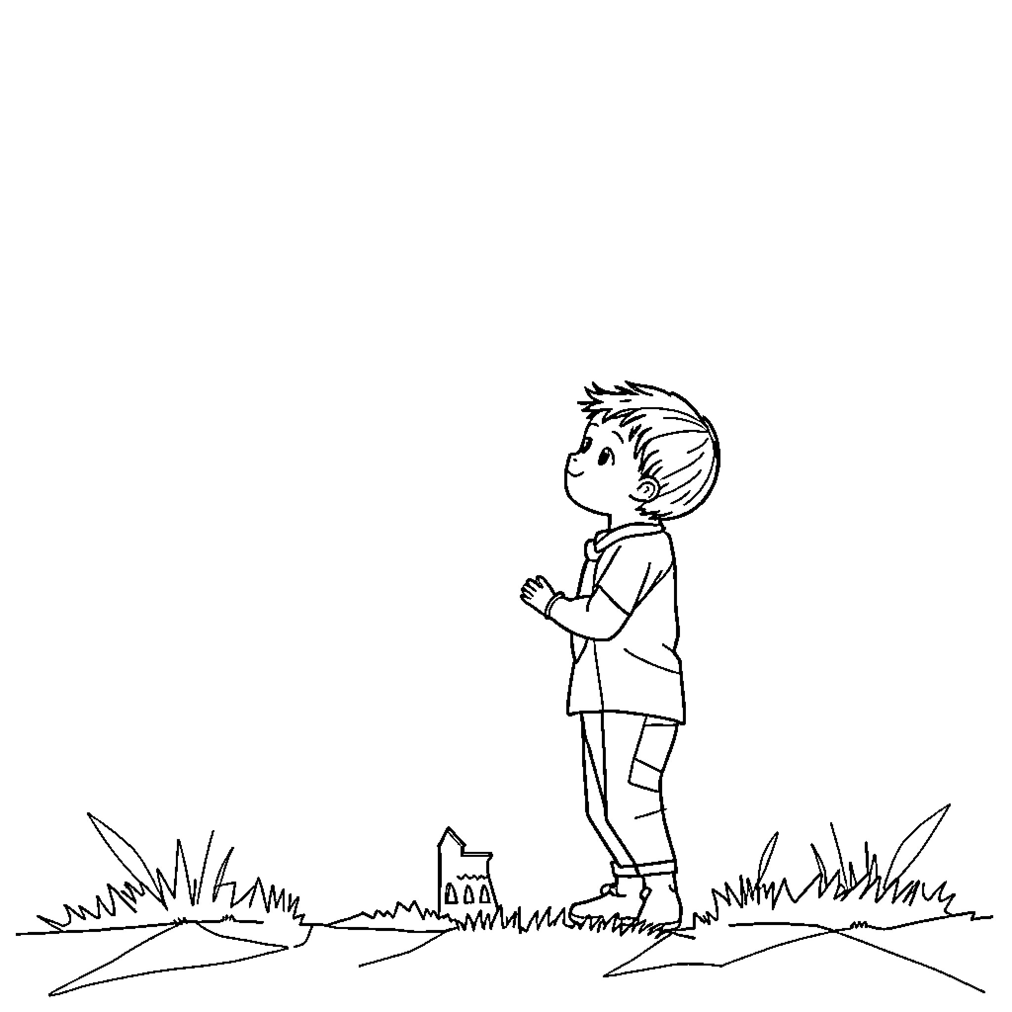 Shape of a young boy exploring nature Coloring Page (free black-and-white line drawing printable PDF for all, from beginners to advanced learners, including children, teens, adults, and seniors)