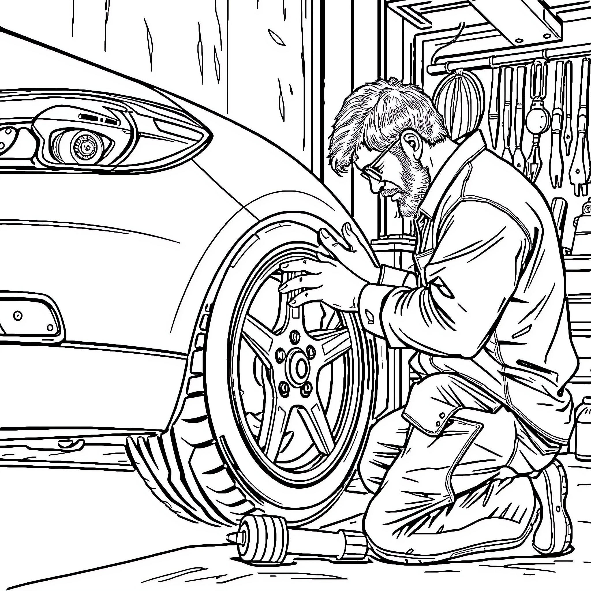 Mecánico reparando un automóvil en un taller Coloring Page (free black-and-white line drawing printable PDF for all, from beginners to advanced learners, including children, teens, adults, and seniors)