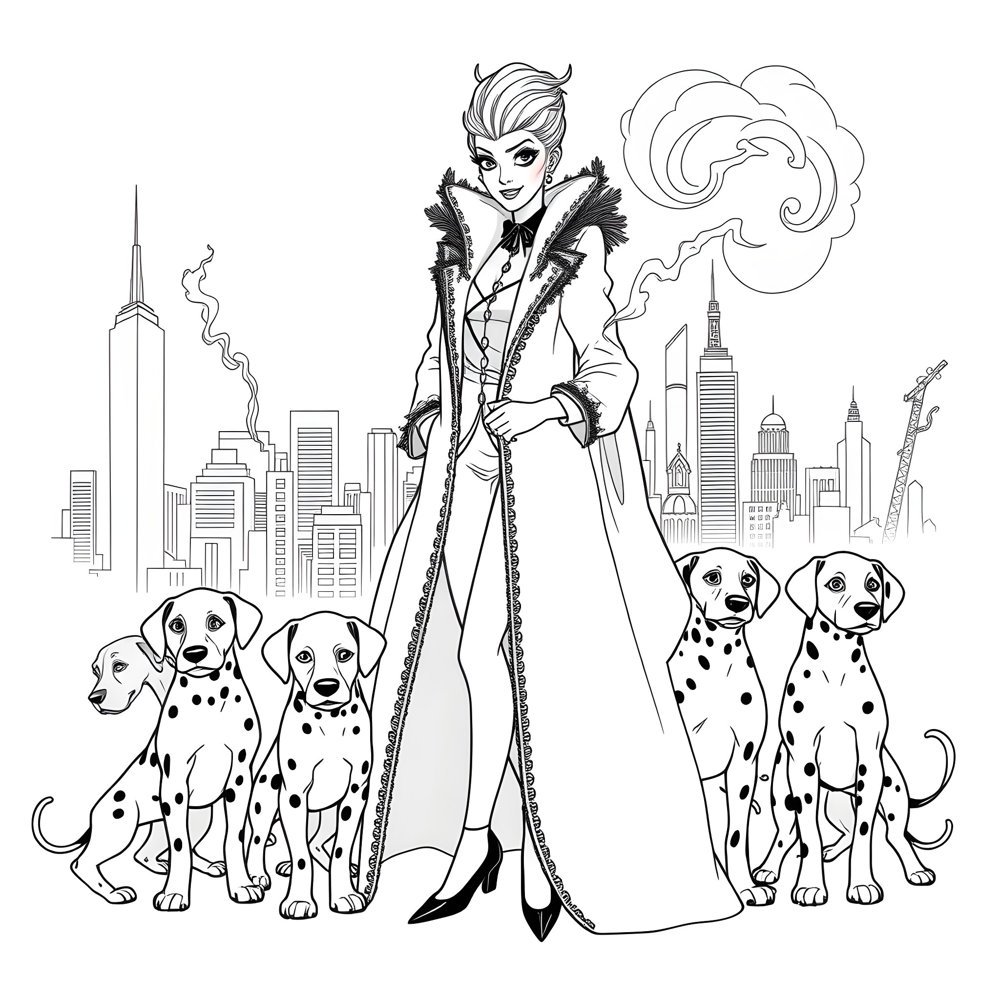 Cruella De Vil's Glamorous Appearance with Dalmatian Companions Coloring Page (free black-and-white line drawing printable PDF for all, from beginners to advanced learners, including children, teens, adults, and seniors)