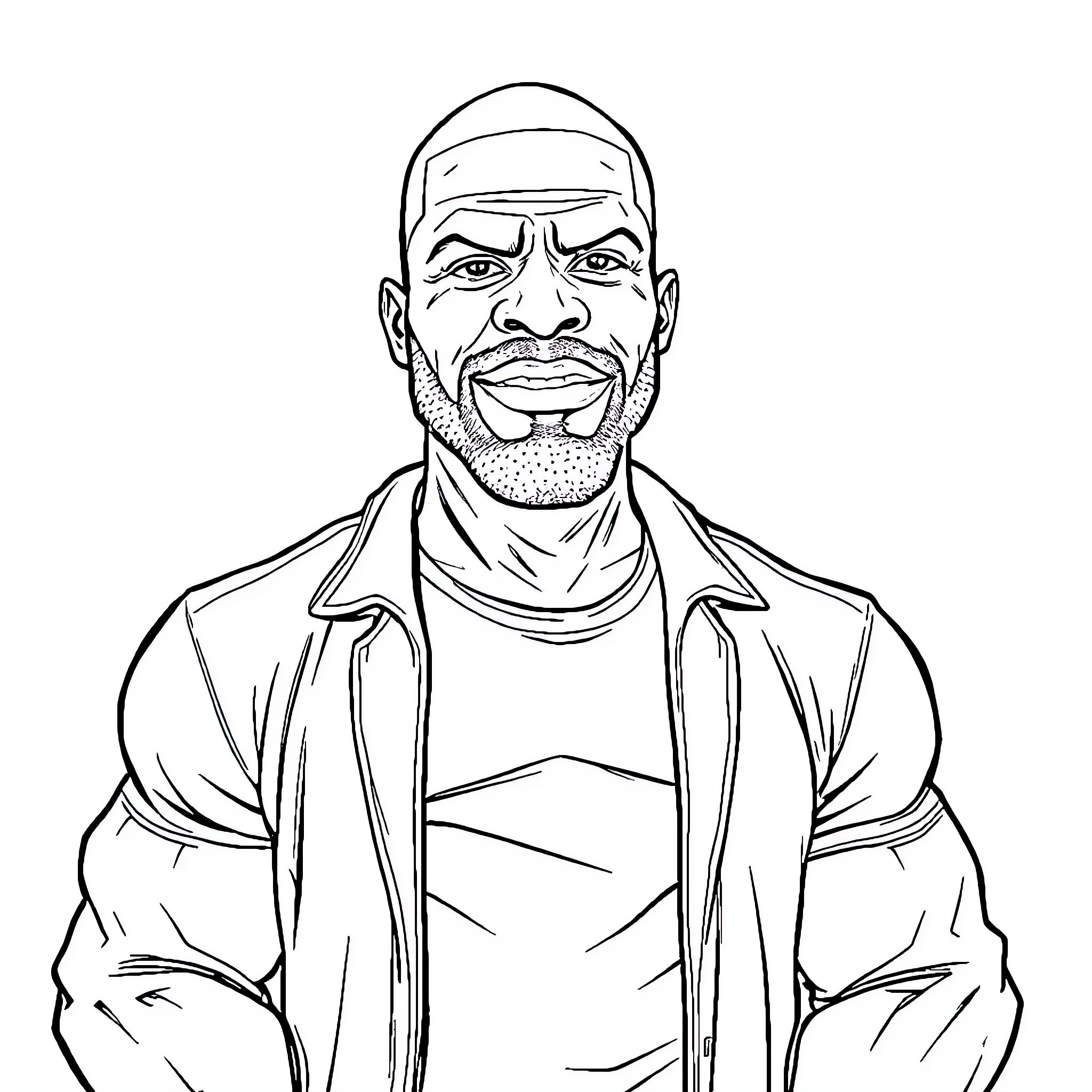 Terry Crews in a pensive expression Coloring Page (free black-and-white line drawing printable PDF for all, from beginners to advanced learners, including children, teens, adults, and seniors)