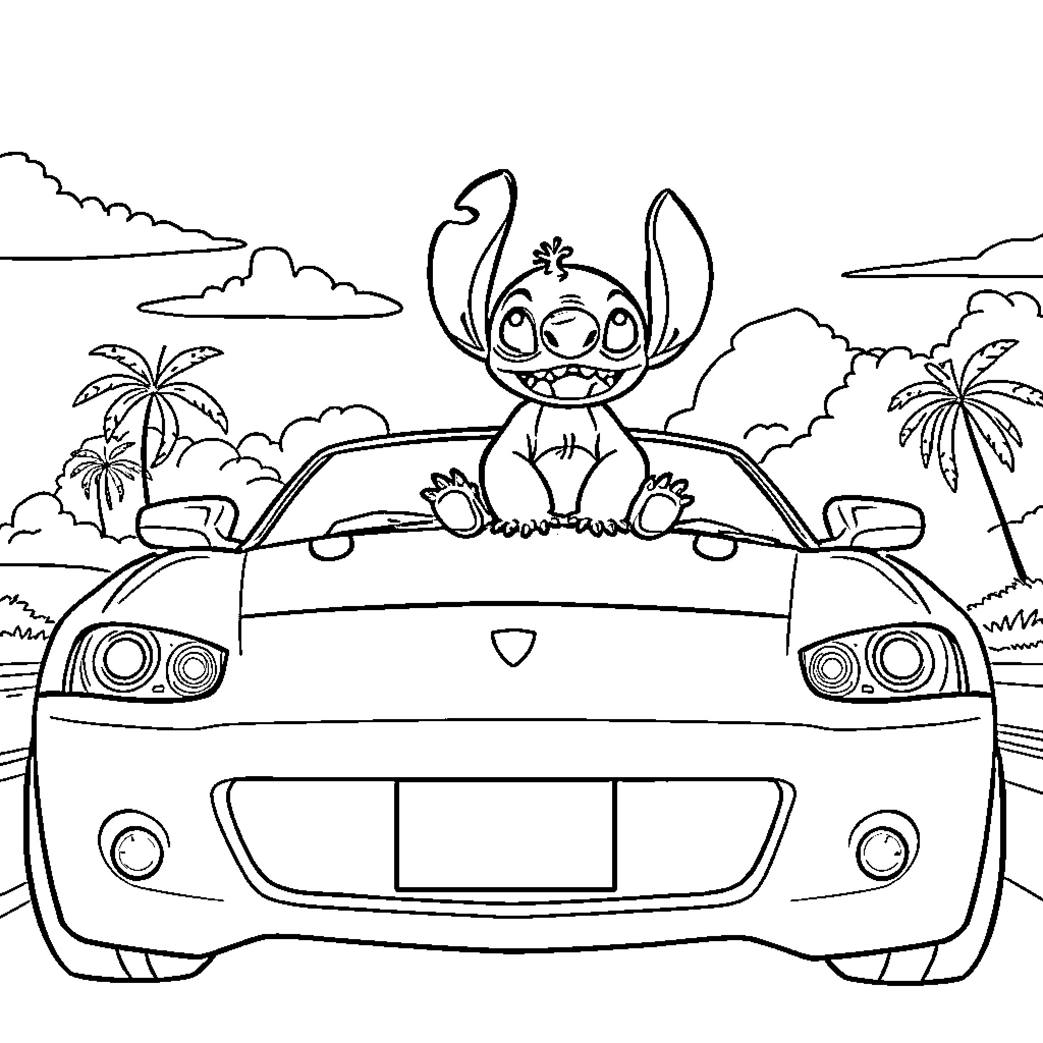 Lilo And Stitch driving a car on a tropical island Coloring Page (free black-and-white line drawing printable PDF for all, from beginners to advanced learners, including children, teens, adults, and seniors)