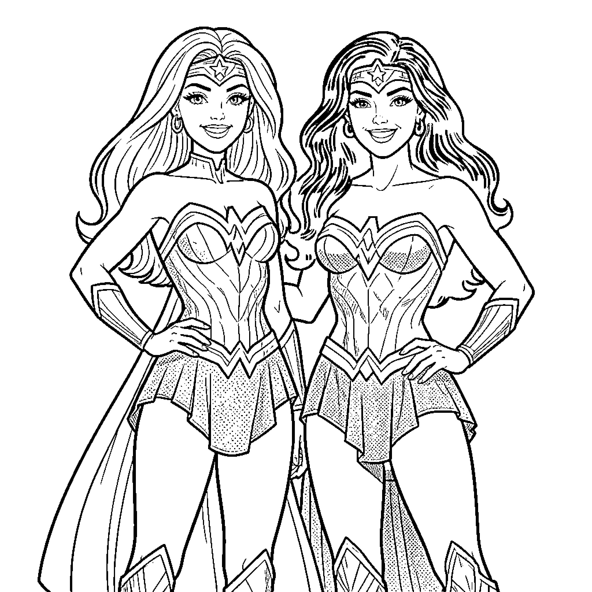 Barbie superheroes posing with confidence Coloring Page (free black-and-white line drawing printable PDF for all, from beginners to advanced learners, including children, teens, adults, and seniors)