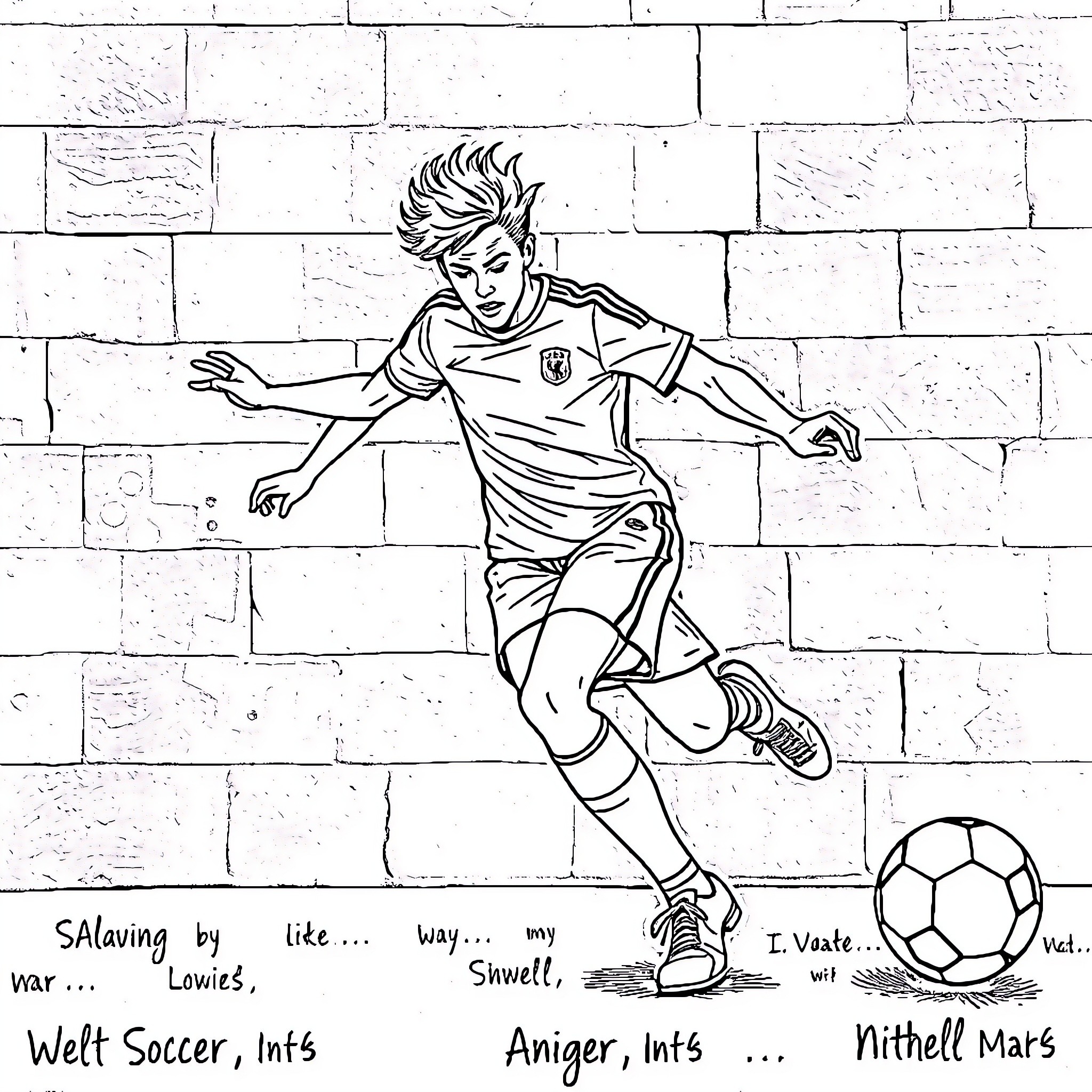 Soccer player in action with ball on brick wall Coloring Page (free black-and-white line drawing printable PDF for all, from beginners to advanced learners, including children, teens, adults, and seniors)