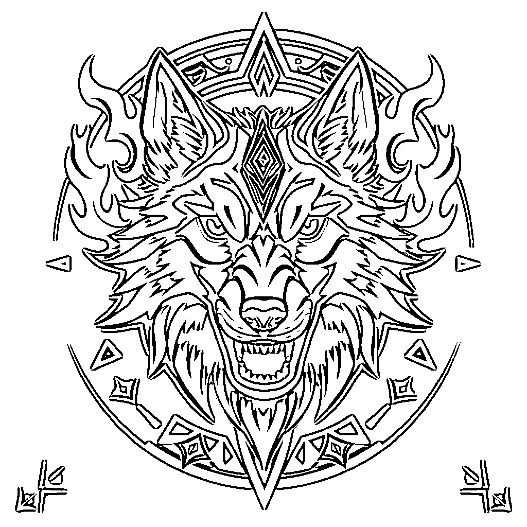 Wolf's Tribal Mask Design Coloring Page (free black-and-white line drawing printable PDF for all, from beginners to advanced learners, including children, teens, adults, and seniors)