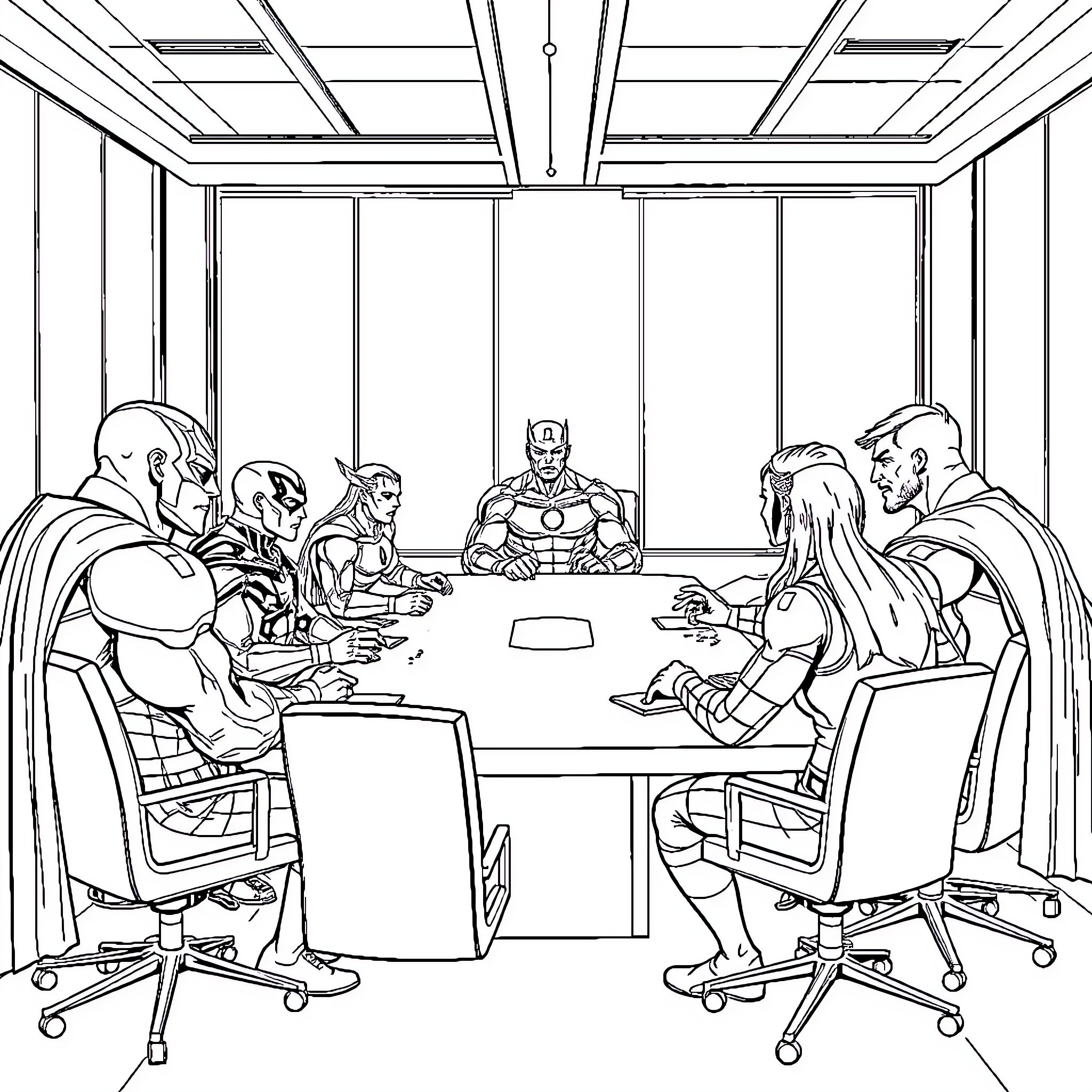Superhero team meeting in boardroom Coloring Page (free black-and-white line drawing printable PDF for all, from beginners to advanced learners, including children, teens, adults, and seniors)