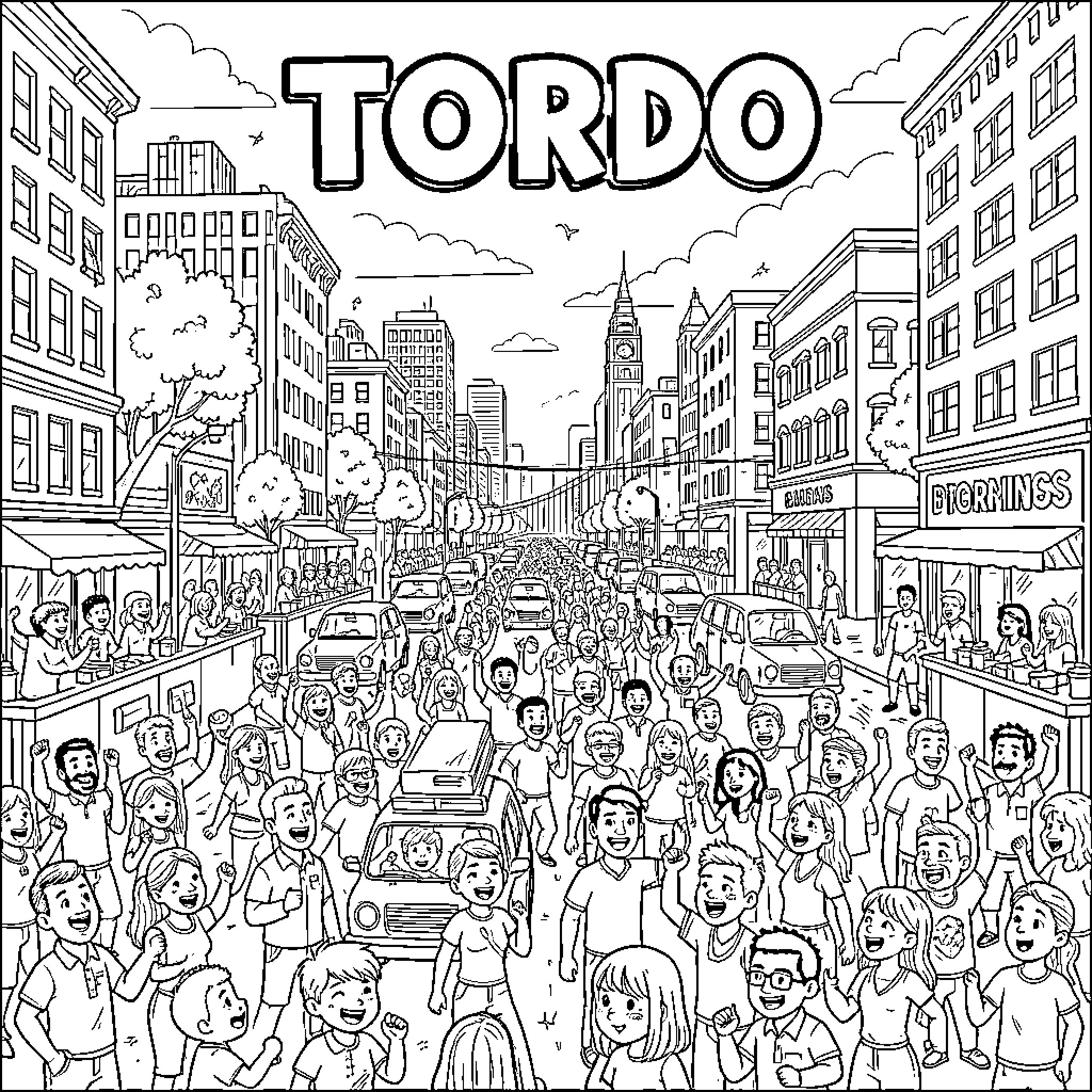 Tordo's Bustling City Scene with Diverse People Coloring Page (free black-and-white line drawing printable PDF for all, from beginners to advanced learners, including children, teens, adults, and seniors)