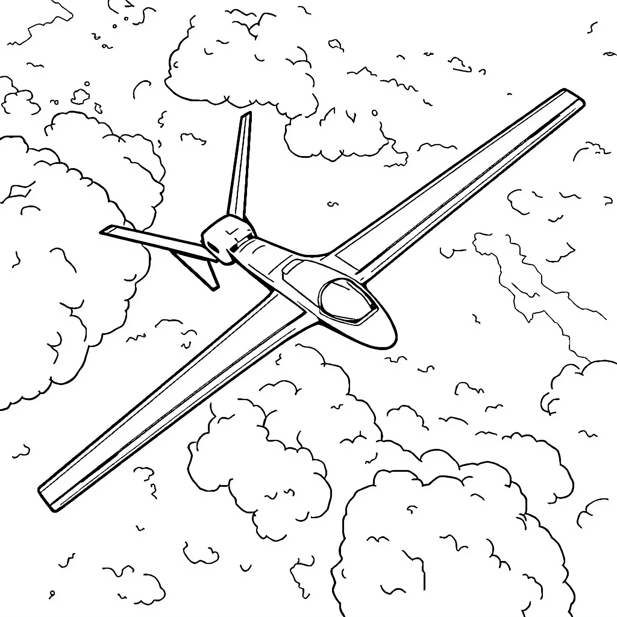 MQ-9 Drone in Flight Through Clouds Coloring Page (free black-and-white line drawing printable PDF for all, from beginners to advanced learners, including children, teens, adults, and seniors)