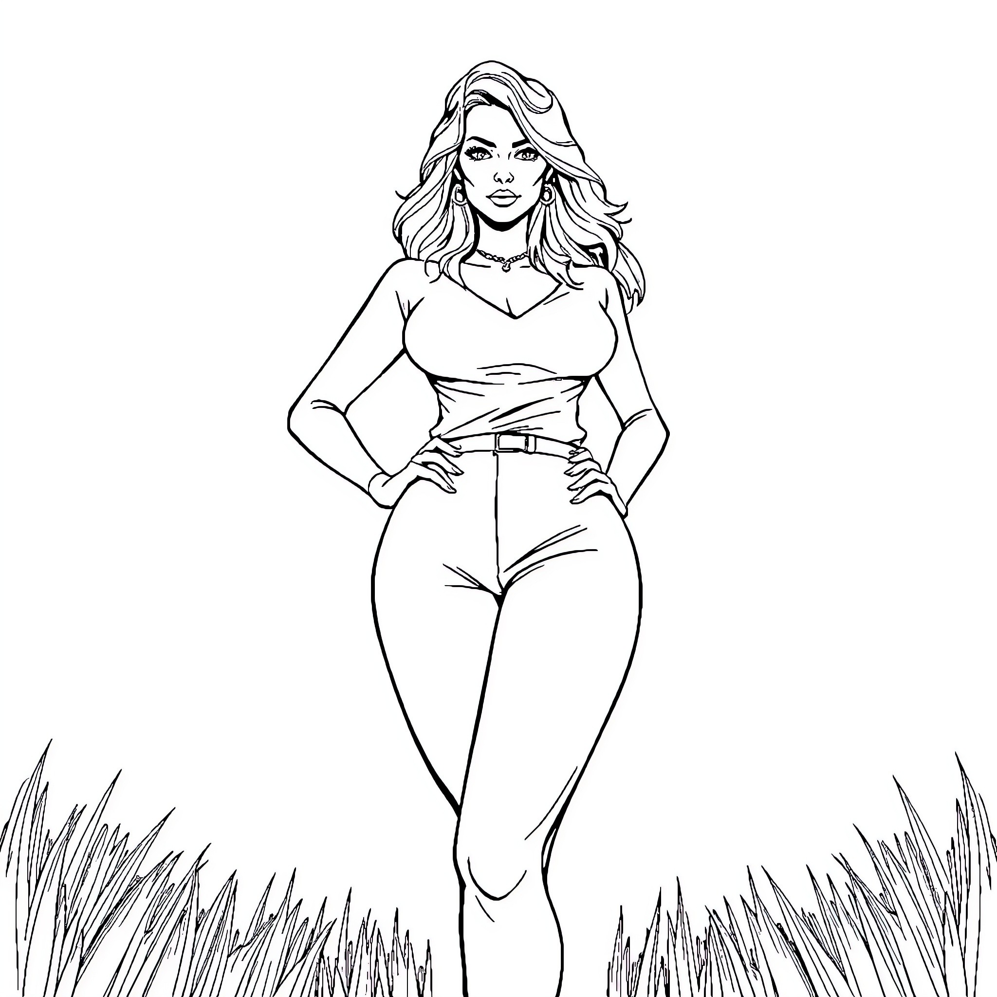 Woman in Casual Outfit Posing Confidently Coloring Page (free black-and-white line drawing printable PDF for all, from beginners to advanced learners, including children, teens, adults, and seniors)