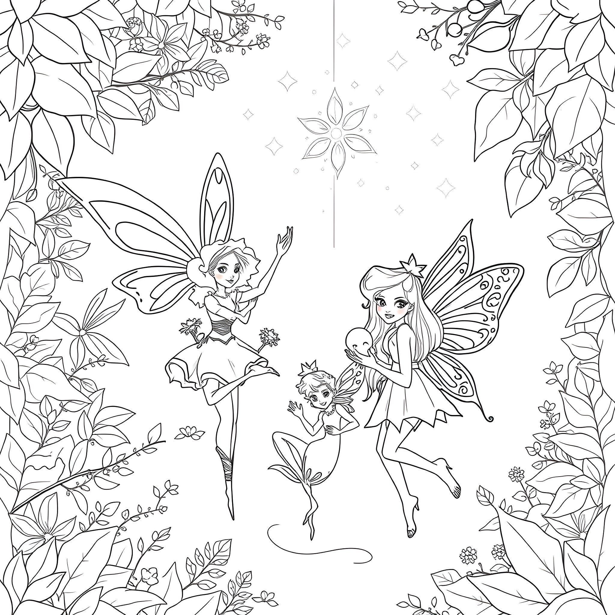 Fairy Dancers Performing in the Enchanted Forest Coloring Page (free black-and-white line drawing printable PDF for all, from beginners to advanced learners, including children, teens, adults, and seniors)