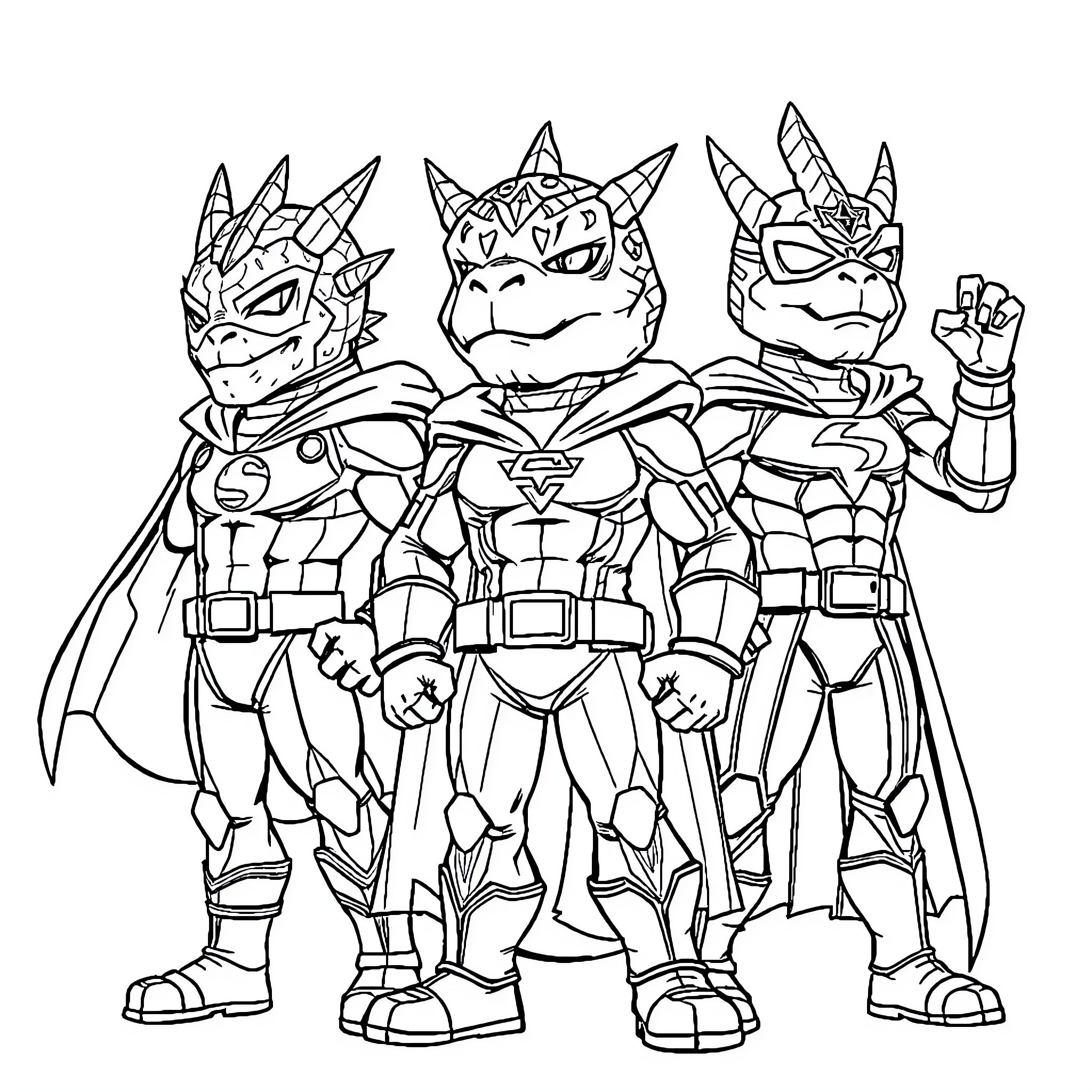 Dorohedoro - Trio of Armored Demon-Like Figures Coloring Page (free black-and-white line drawing printable PDF for all, from beginners to advanced learners, including children, teens, adults, and seniors)