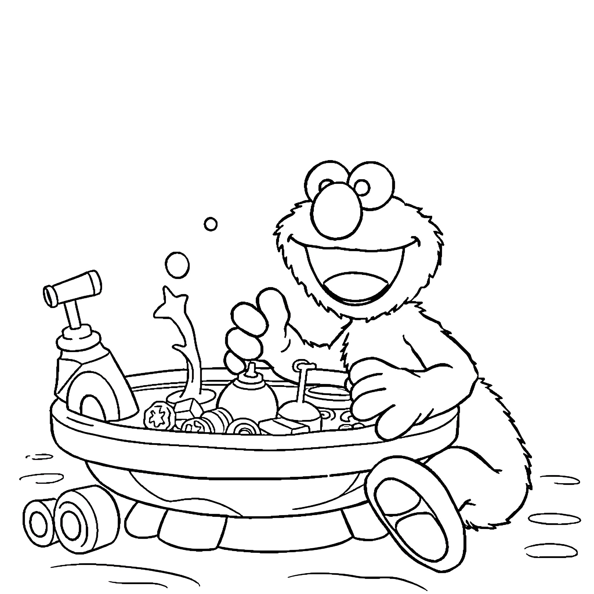 Elmo's Bubble Bath Adventure Coloring Page (free black-and-white line drawing printable PDF for all, from beginners to advanced learners, including children, teens, adults, and seniors)
