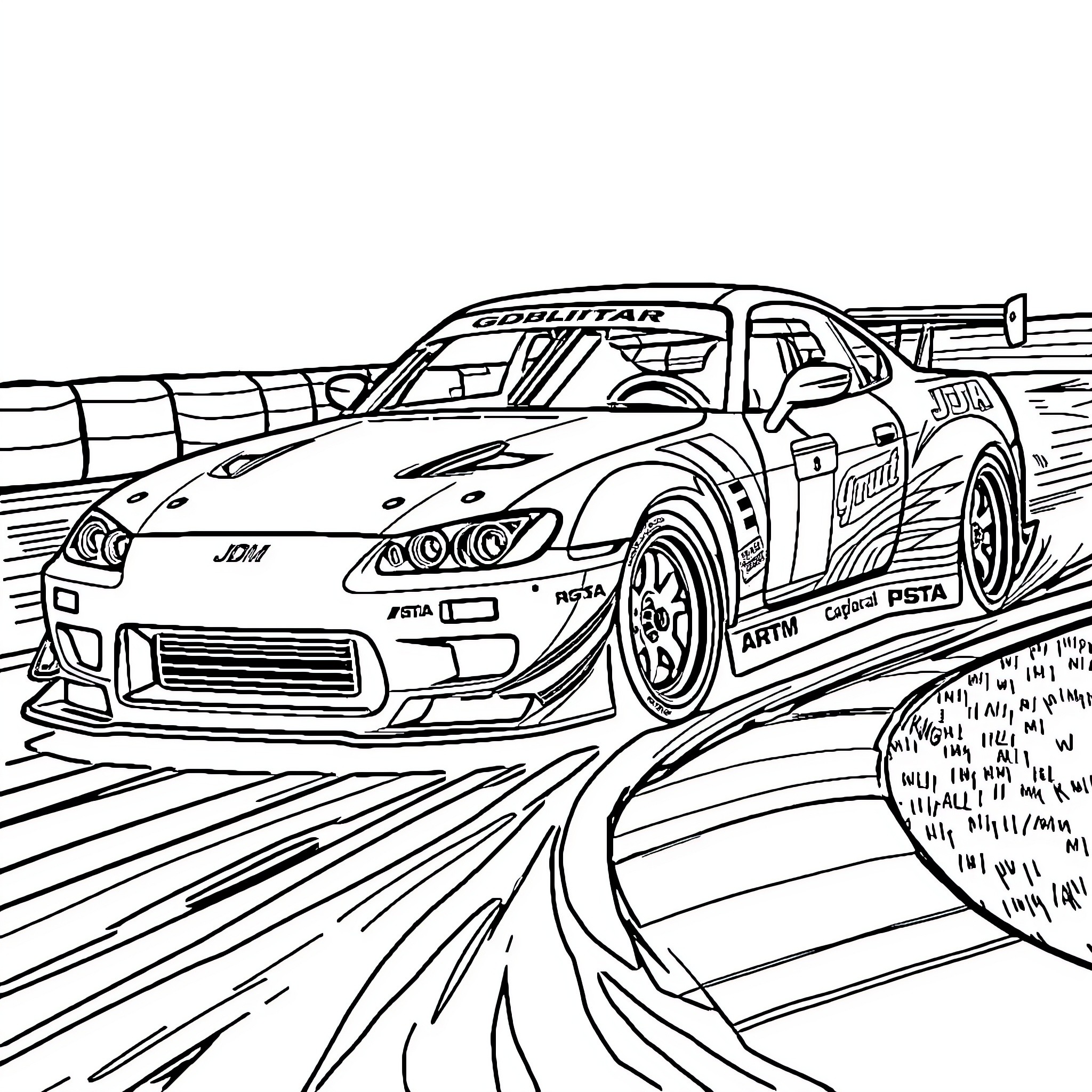 Drift Car in Action on the Race Track Coloring Page (free black-and-white line drawing printable PDF for all, from beginners to advanced learners, including children, teens, adults, and seniors)