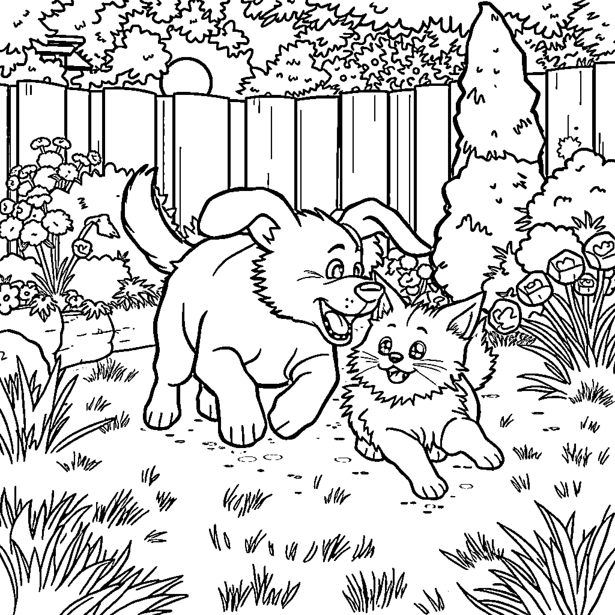 Dog and cat playing in a backyard garden Coloring Page (free black-and-white line drawing printable PDF for all, from beginners to advanced learners, including children, teens, adults, and seniors)