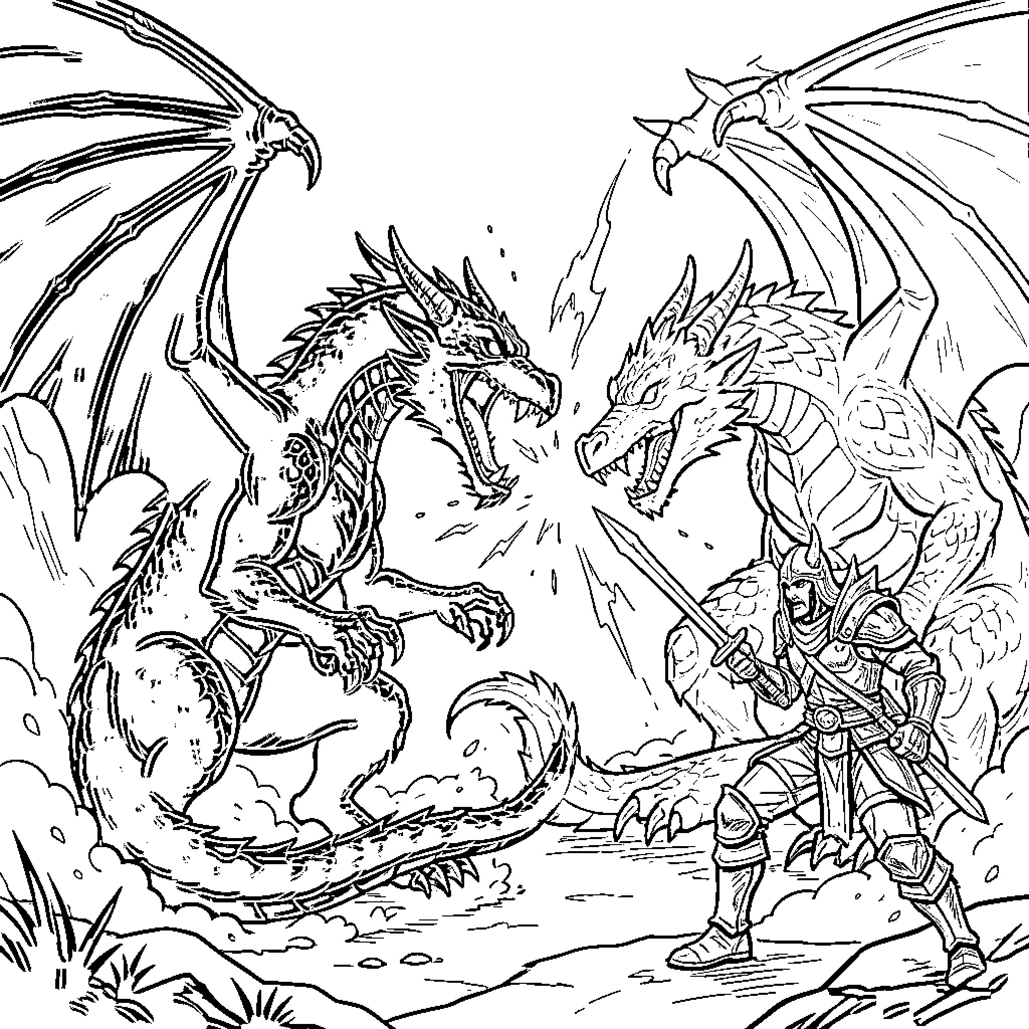 Dragon facing off against a brave knight Coloring Page (free black-and-white line drawing printable PDF for all, from beginners to advanced learners, including children, teens, adults, and seniors)