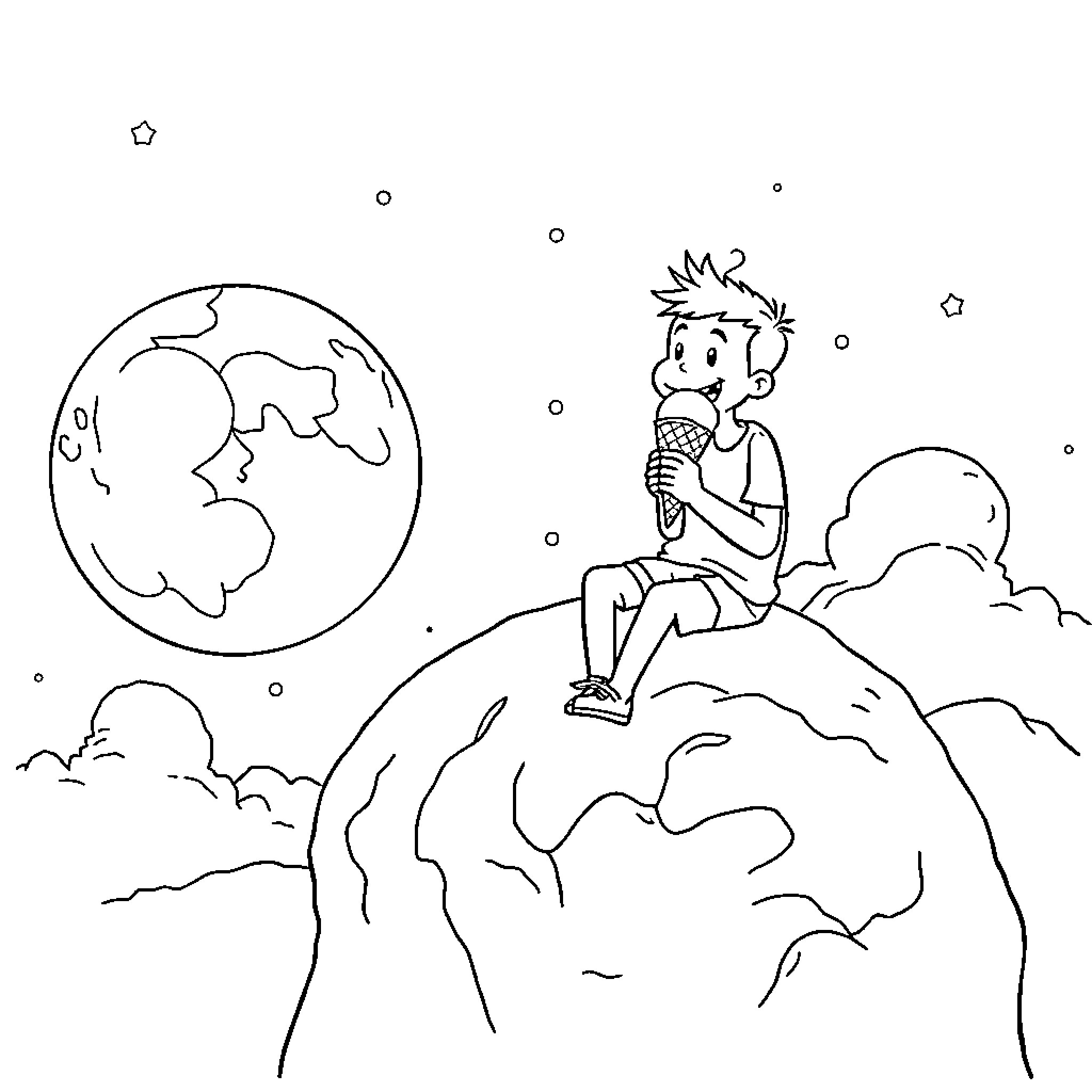 Man sitting on mountain enjoying ice cream Coloring Page (free black-and-white line drawing printable PDF for all, from beginners to advanced learners, including children, teens, adults, and seniors)