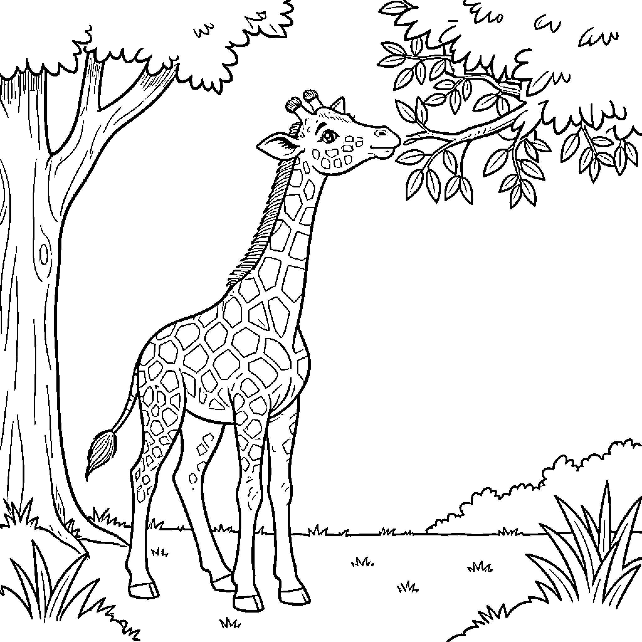 Giraffe enjoying the wilderness Coloring Page (free black-and-white line drawing printable PDF for all, from beginners to advanced learners, including children, teens, adults, and seniors)