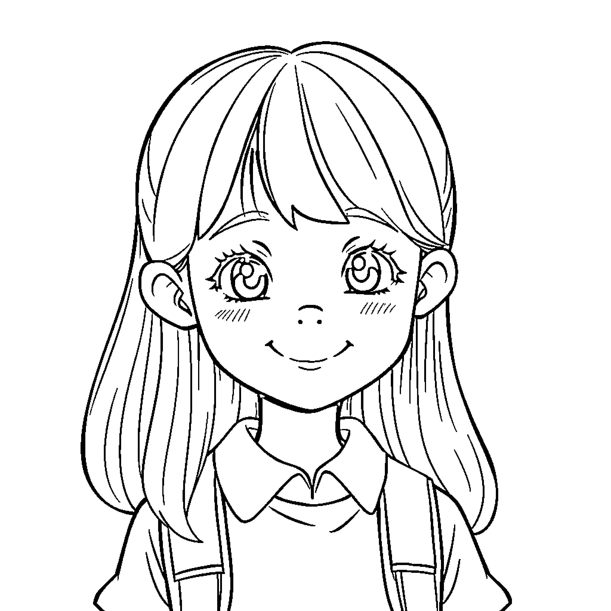 Schoolgirl with cheerful expression and long hair Coloring Page (free black-and-white line drawing printable PDF for all, from beginners to advanced learners, including children, teens, adults, and seniors)
