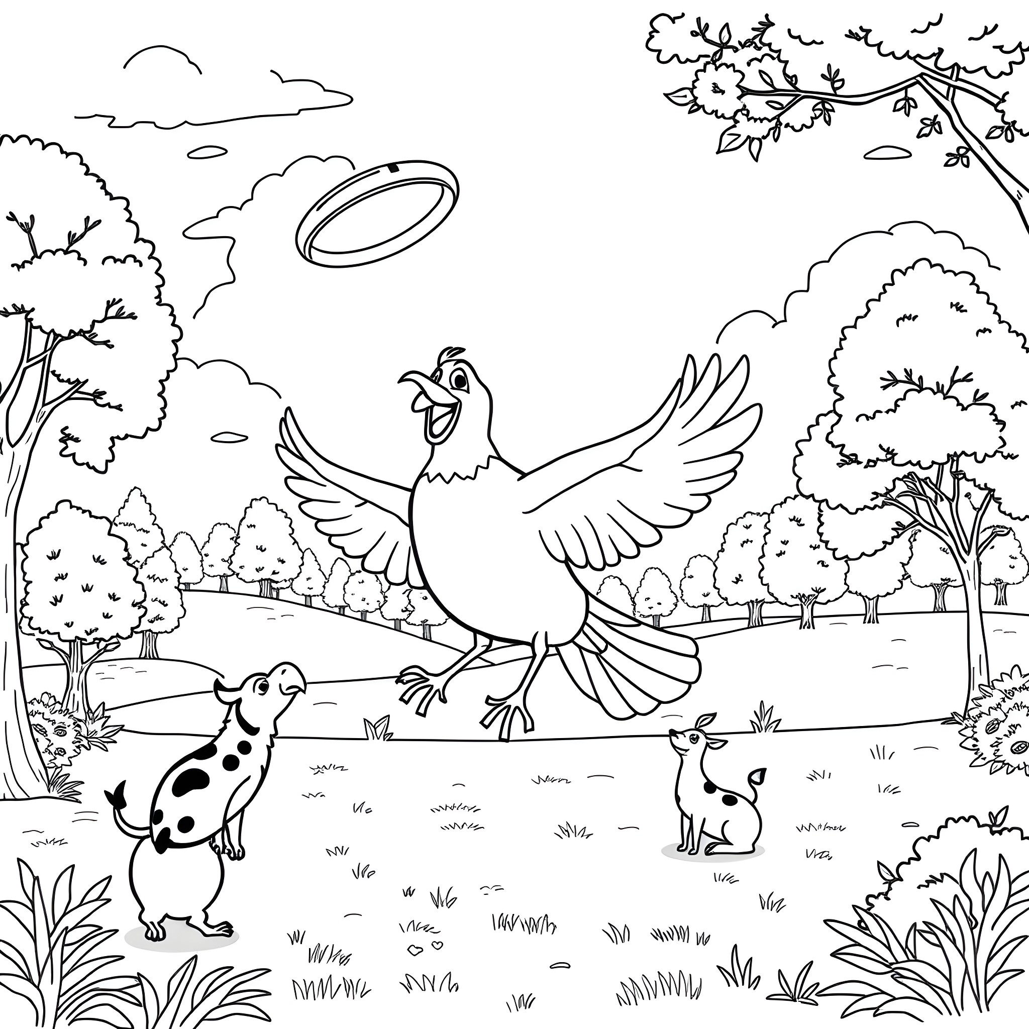 Bird playing with dogs in a nature scene Coloring Page (free black-and-white line drawing printable PDF for all, from beginners to advanced learners, including children, teens, adults, and seniors)