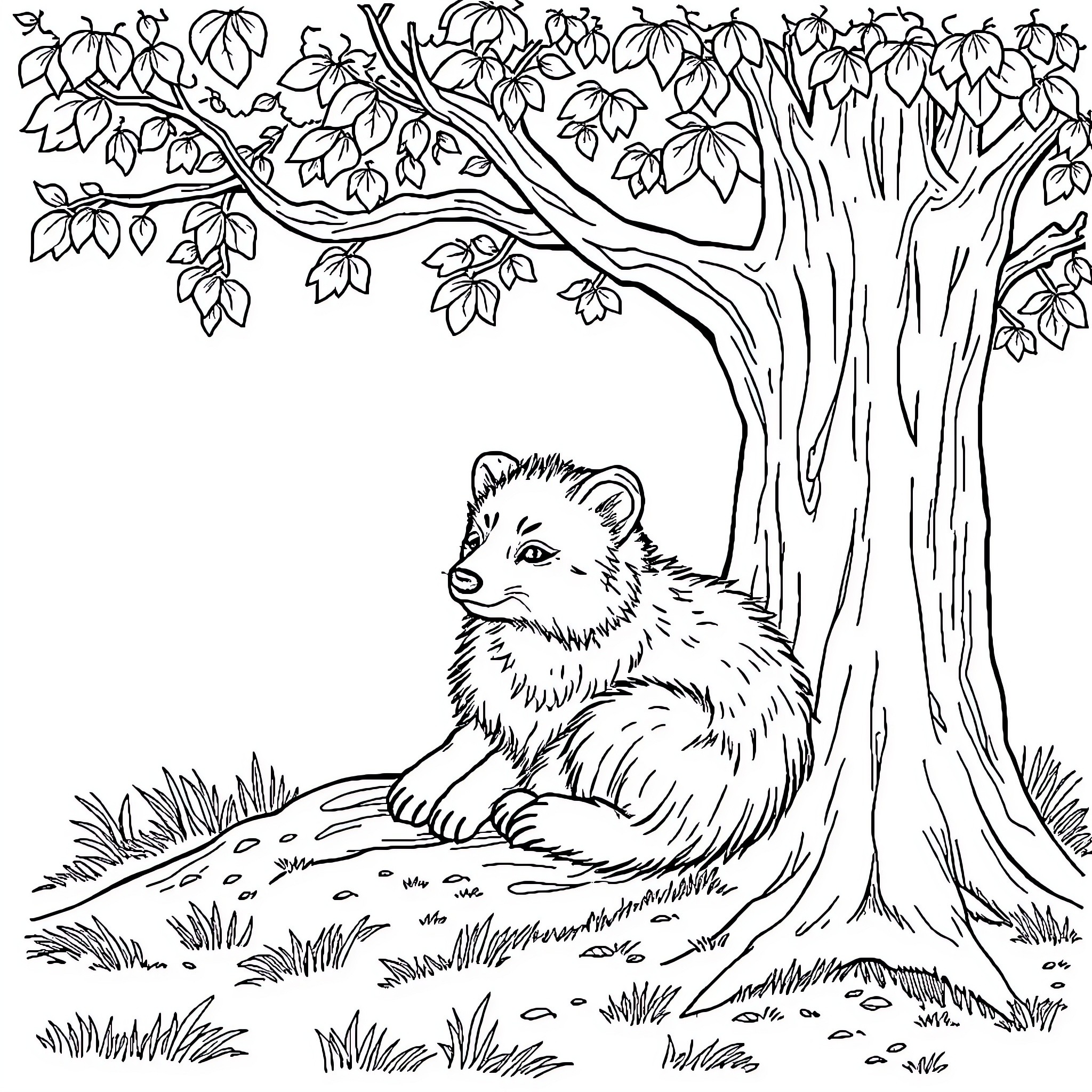 Animal resting under a large tree Coloring Page (free black-and-white line drawing printable PDF for all, from beginners to advanced learners, including children, teens, adults, and seniors)