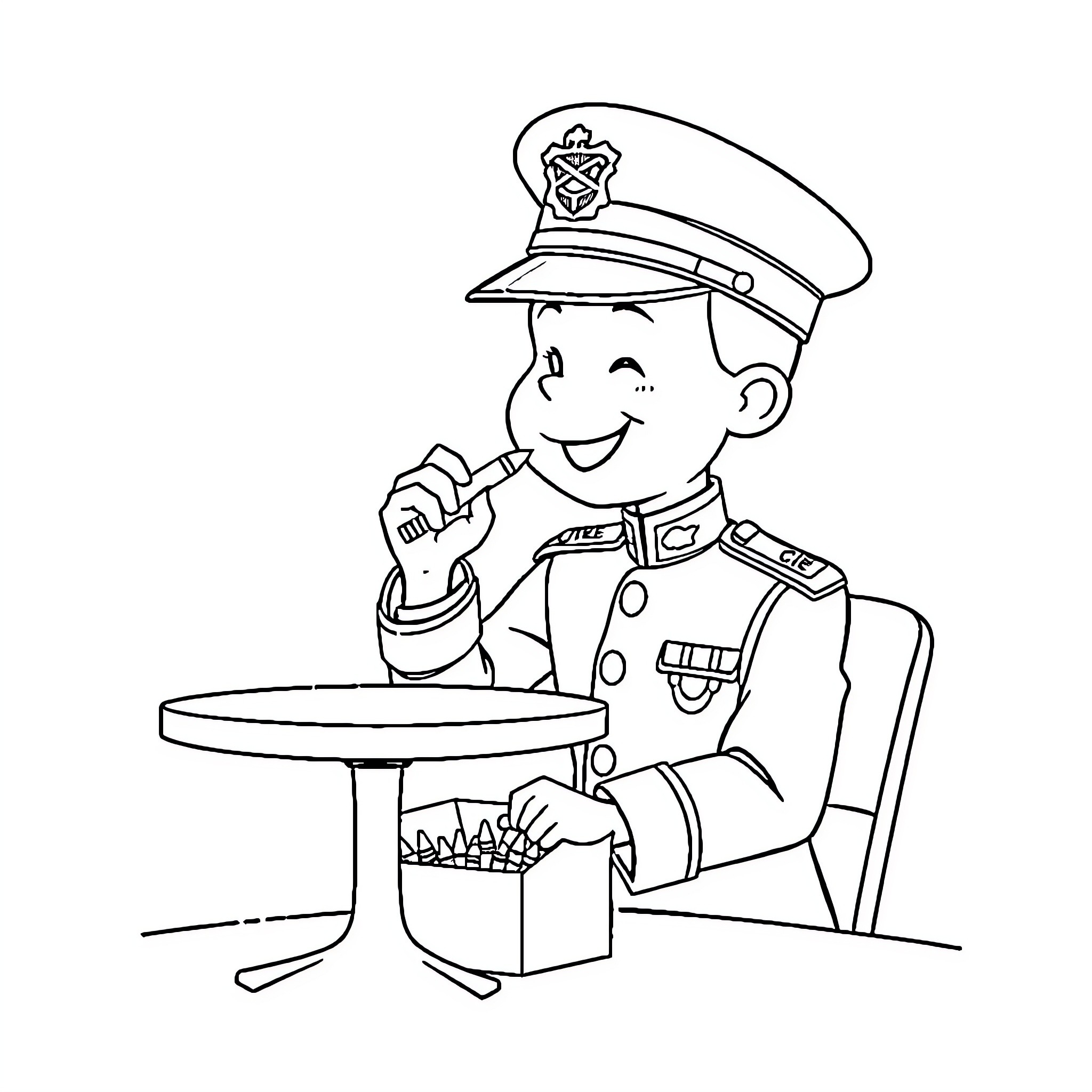 Marine Officer Enjoying Snack During Break Coloring Page (free black-and-white line drawing printable PDF for all, from beginners to advanced learners, including children, teens, adults, and seniors)