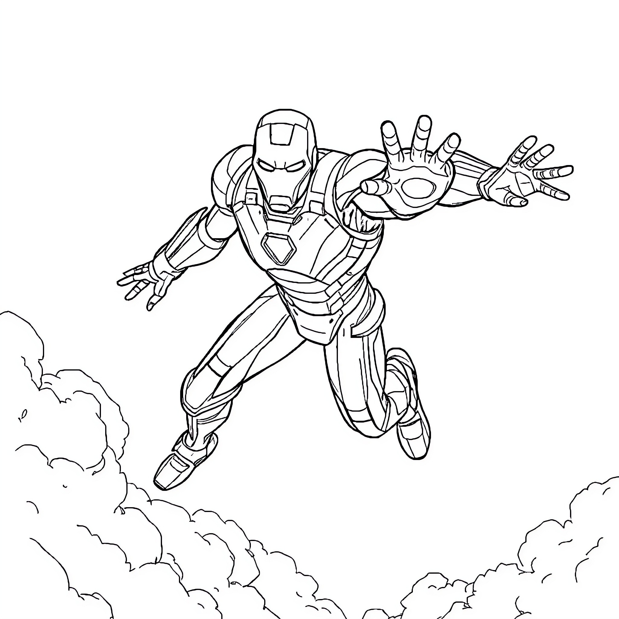 Iron Man soaring through the sky in action Coloring Page (free black-and-white line drawing printable PDF for all, from beginners to advanced learners, including children, teens, adults, and seniors)