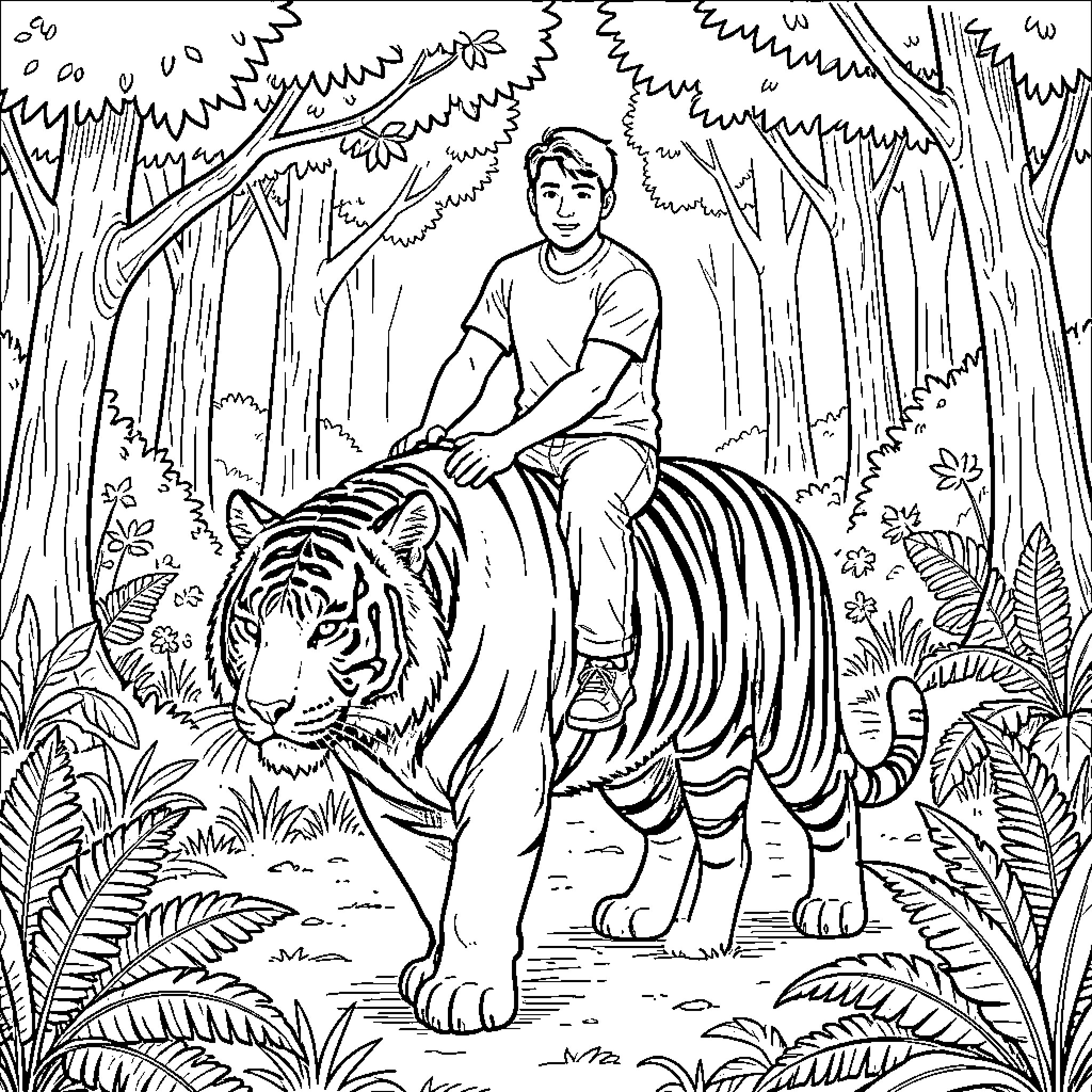 Man riding a tiger through a lush jungle Coloring Page (free black-and-white line drawing printable PDF for all, from beginners to advanced learners, including children, teens, adults, and seniors)