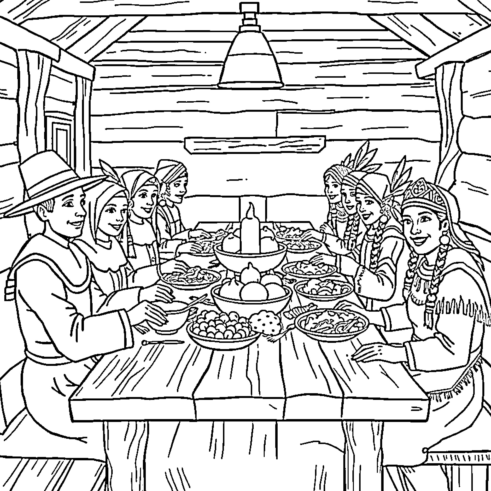 Pilgrim families sharing a festive meal in a cozy cabin Coloring Page (free black-and-white line drawing printable PDF for all, from beginners to advanced learners, including children, teens, adults, and seniors)