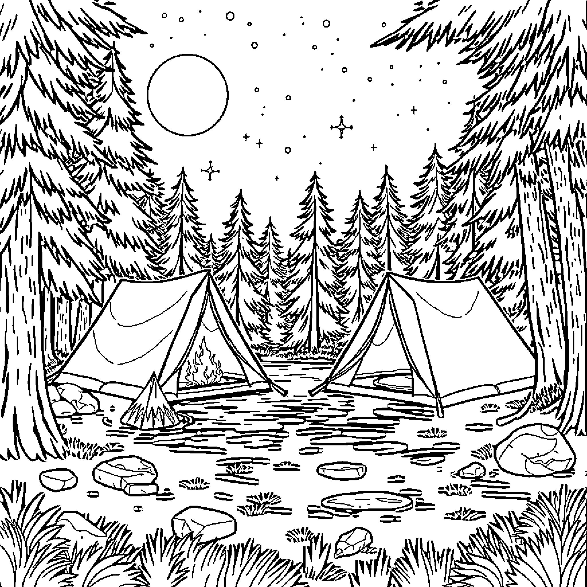 Camping under the starry night sky Coloring Page (free black-and-white line drawing printable PDF for all, from beginners to advanced learners, including children, teens, adults, and seniors)