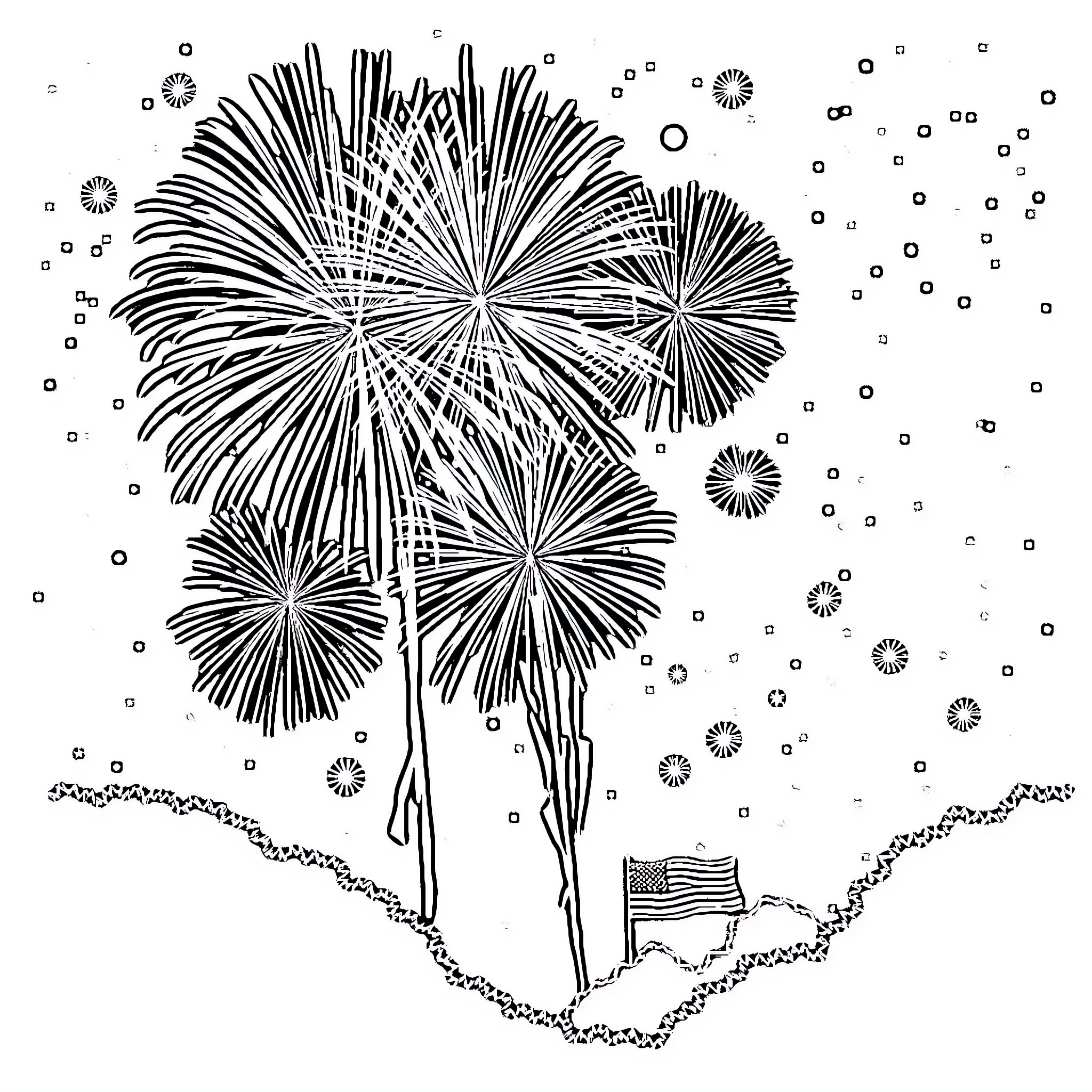 Independence Day fireworks display in the night sky Coloring Page (free black-and-white line drawing printable PDF for all, from beginners to advanced learners, including children, teens, adults, and seniors)