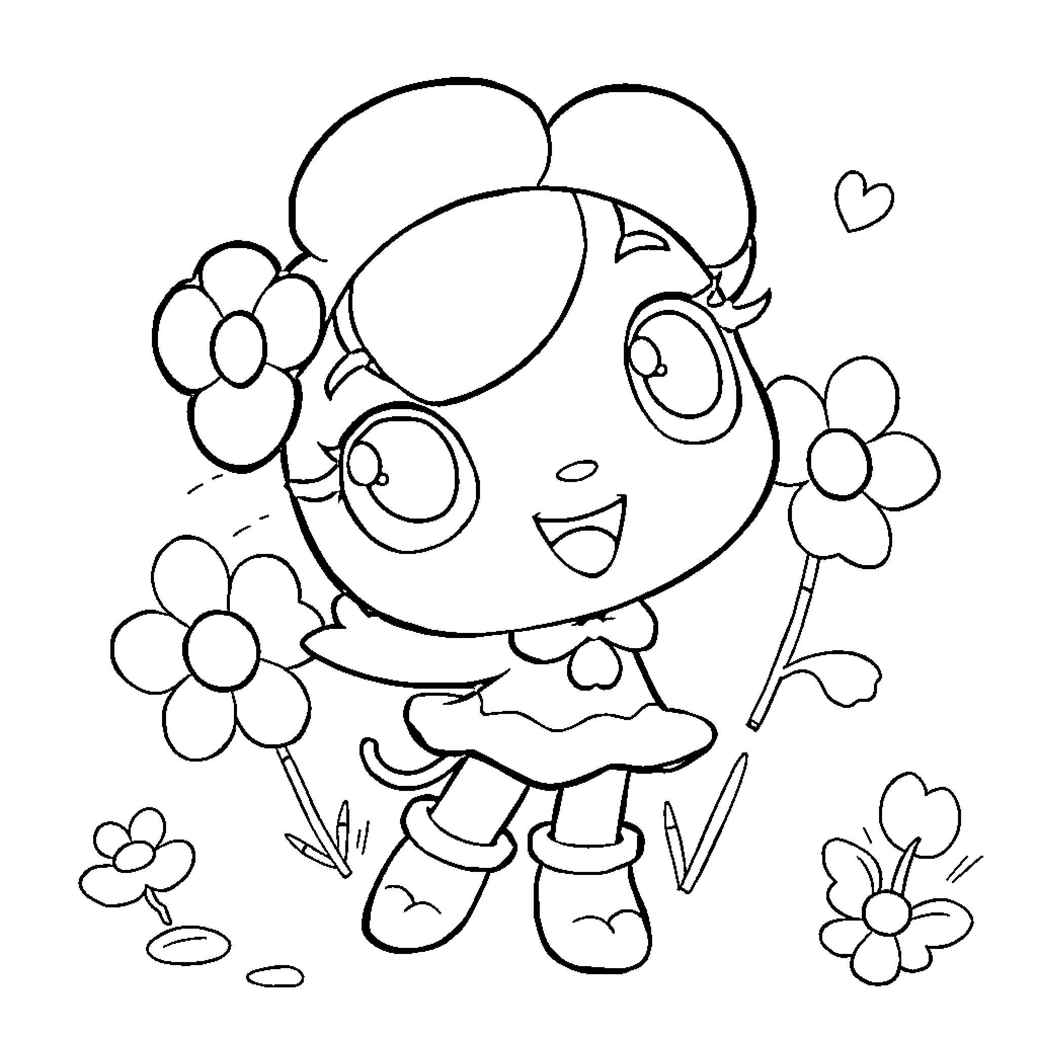 Poppy Playtime with Flowers and Joy Coloring Page (free black-and-white line drawing printable PDF for all, from beginners to advanced learners, including children, teens, adults, and seniors)