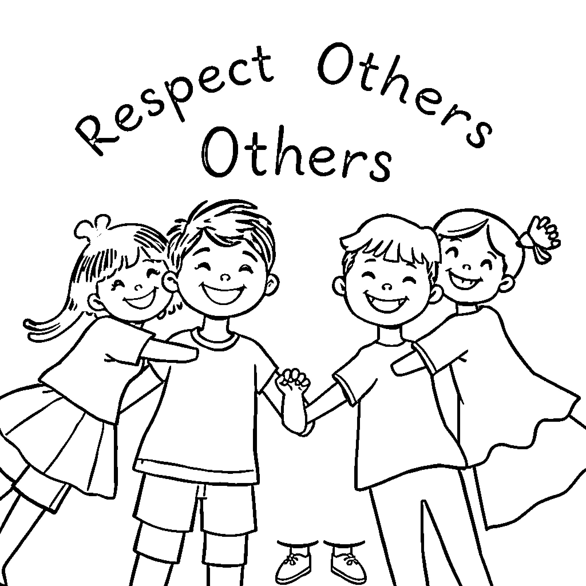 Children playing happily and respecting others Coloring Page (free black-and-white line drawing printable PDF for all, from beginners to advanced learners, including children, teens, adults, and seniors)