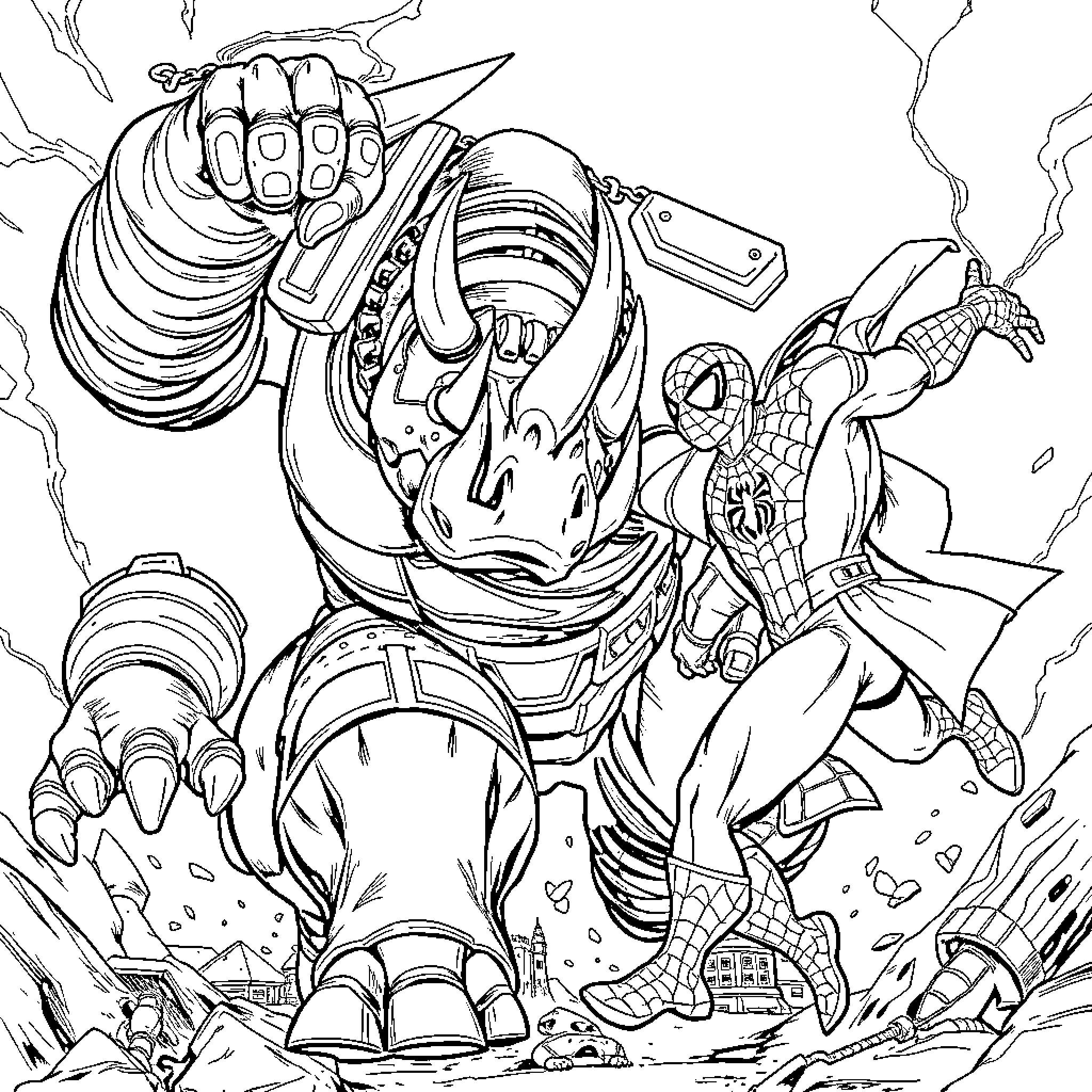 Rhino Superhero Battles Spiderman in Epic Showdown Coloring Page (free black-and-white line drawing printable PDF for all, from beginners to advanced learners, including children, teens, adults, and seniors)