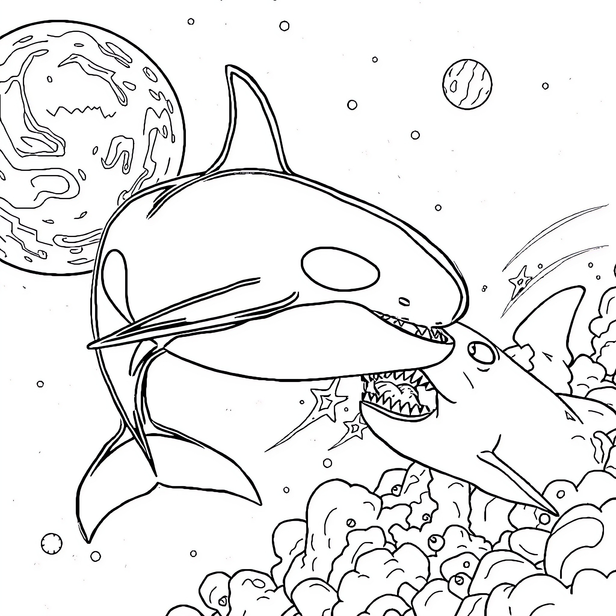 Orca swimming through the cosmic ocean Coloring Page (free black-and-white line drawing printable PDF for all, from beginners to advanced learners, including children, teens, adults, and seniors)