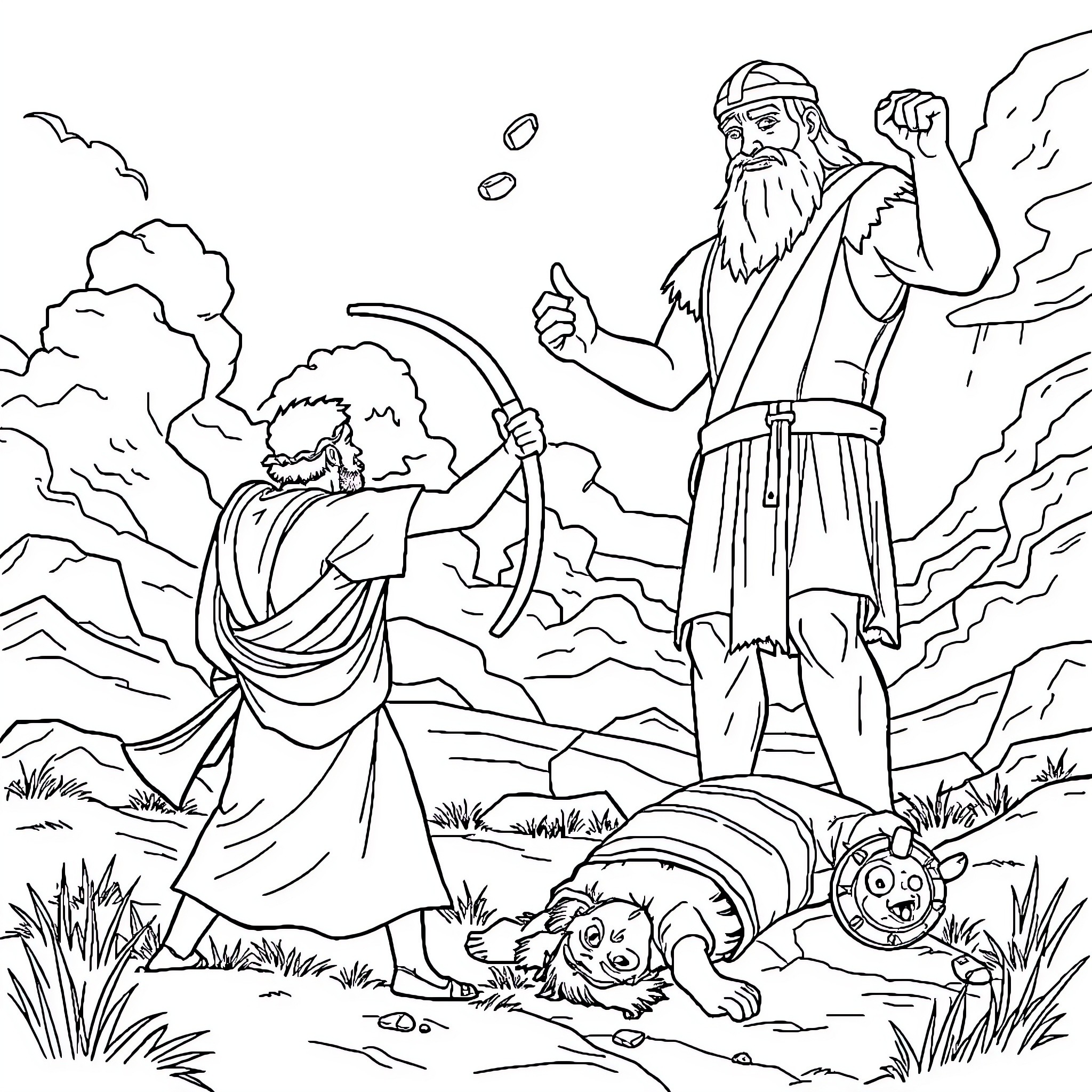 David's Encounter with Goliath in the Wilderness Coloring Page (free black-and-white line drawing printable PDF for all, from beginners to advanced learners, including children, teens, adults, and seniors)